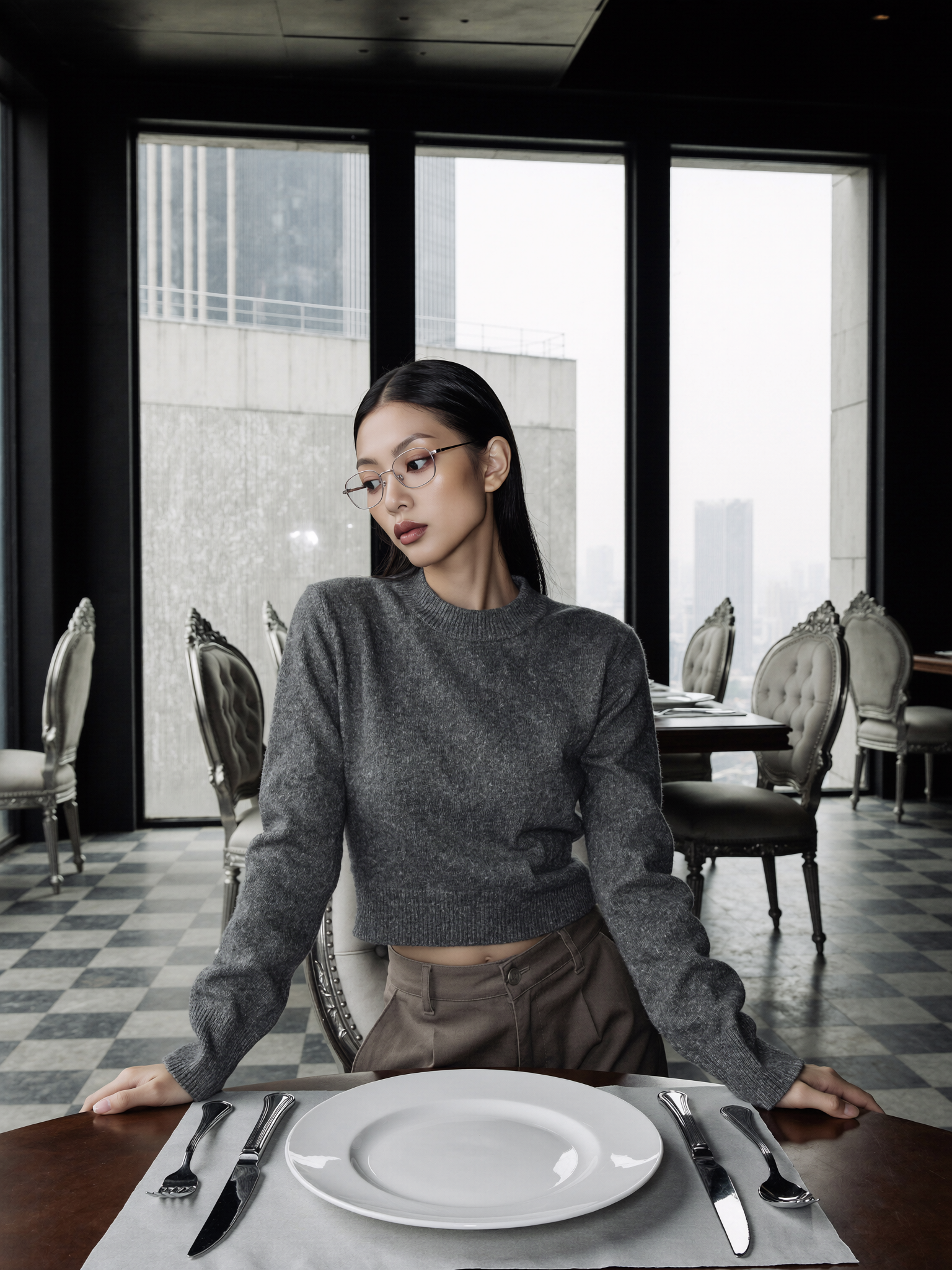 Model Xia Iseri posing in a restaurant, somewhere atop a building. The restaurant is empty, with the focus on her, with her black hair and glasses, dressed in a grey long-sleeved top. She poses beautifully for the photo.
