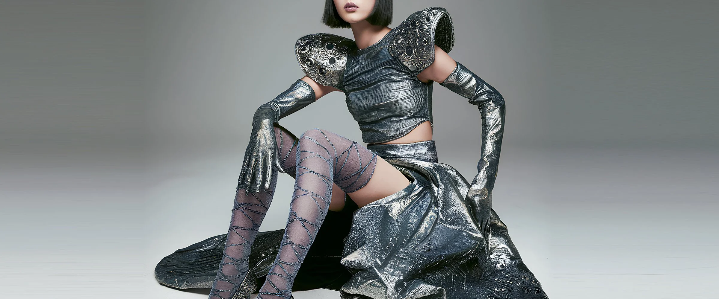 A cover piece for digital fashion brand [ze Luna]'s latest [Offworld] release, featuring a fashion piece with avant-garde aesthetics and otherworldly vibes.