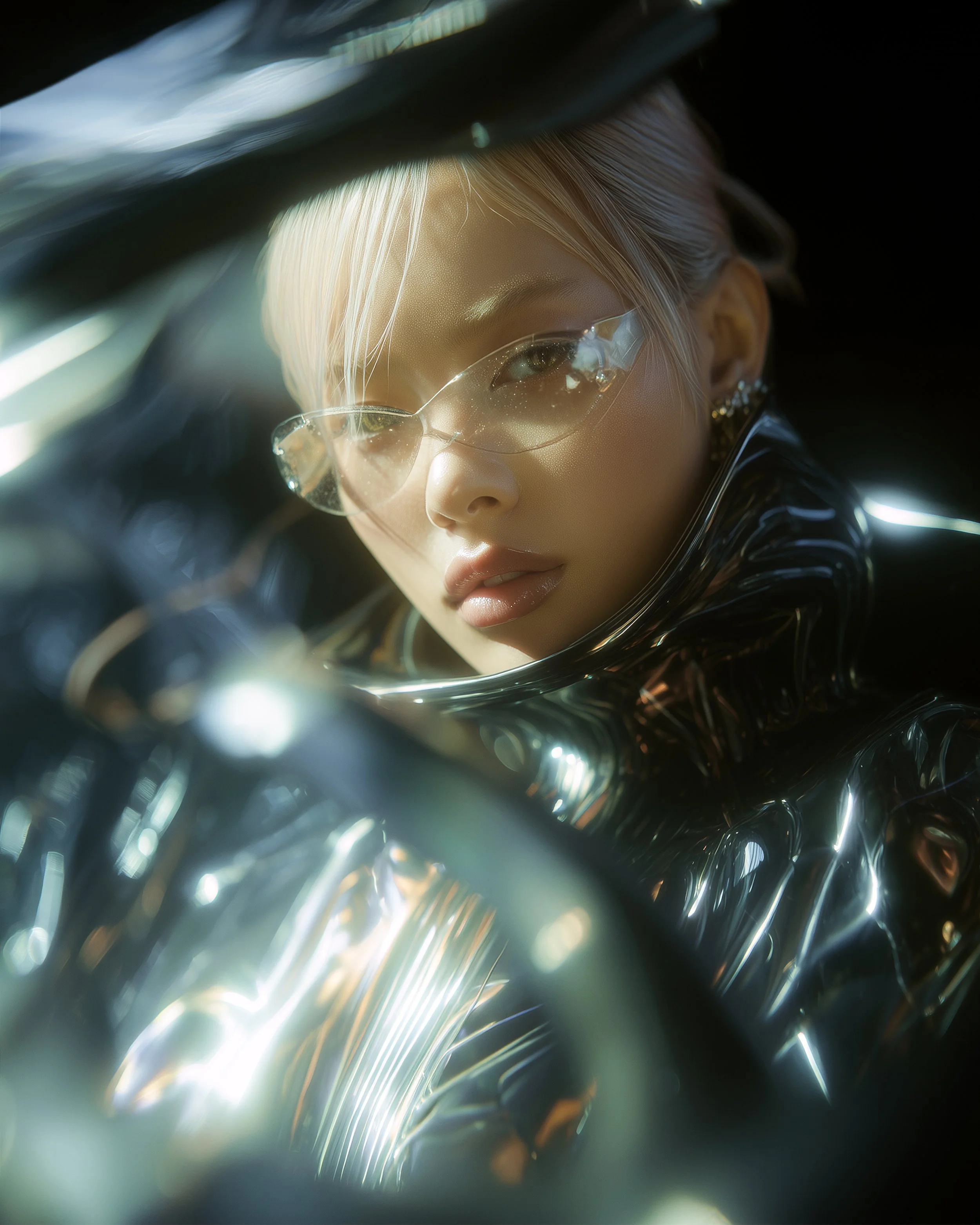 Model and brand ambassador Xia Iseri outfitted in a futuristic sci-fi armored-like outfit with avant garde eyewear. She is in a futuristic vehicle whilst the armor reflects the neons of the city lights. Photoshoot for digital fashion brand [ze Luna].