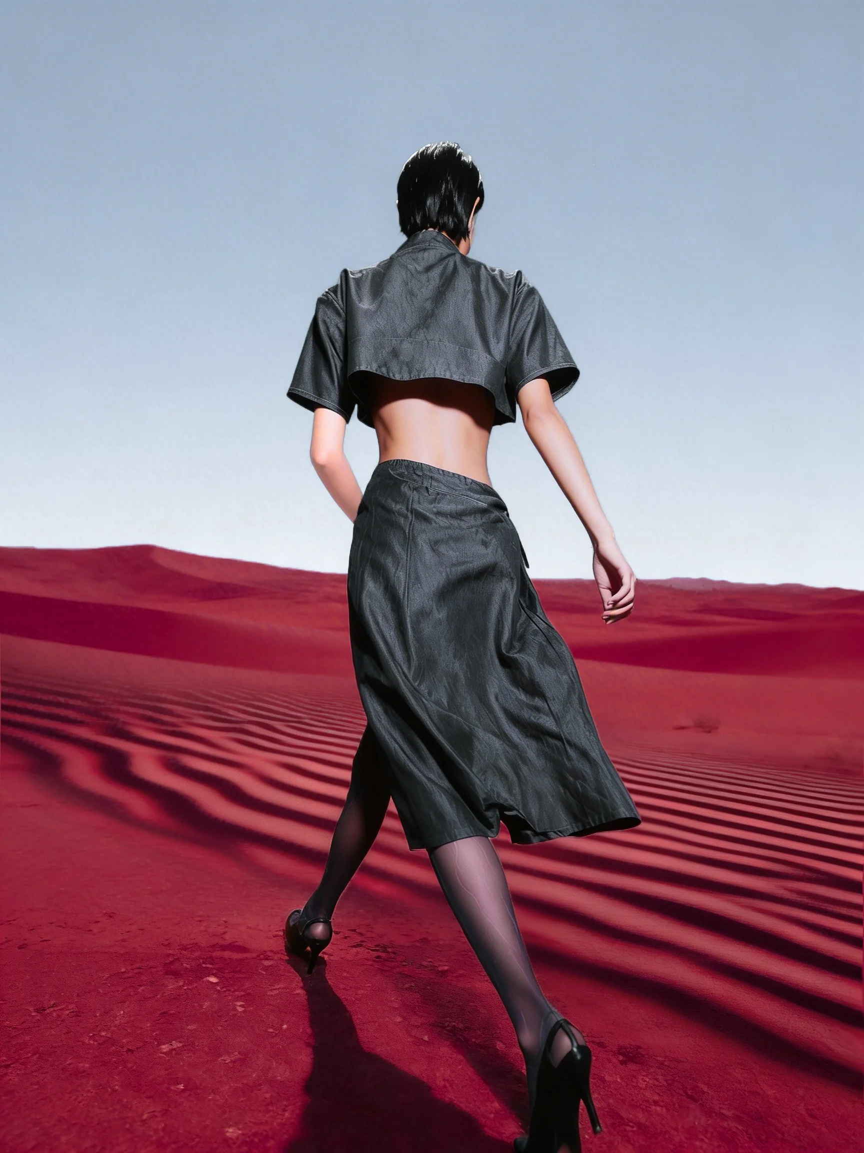 Model Xia Iseri posing in a new-age Chinese Qipao in a deep-red sandy desert like environment. The outfit consists of a cropped top, matching skirt and black stockings, complete with oriental details that fuses modernity with tradition.