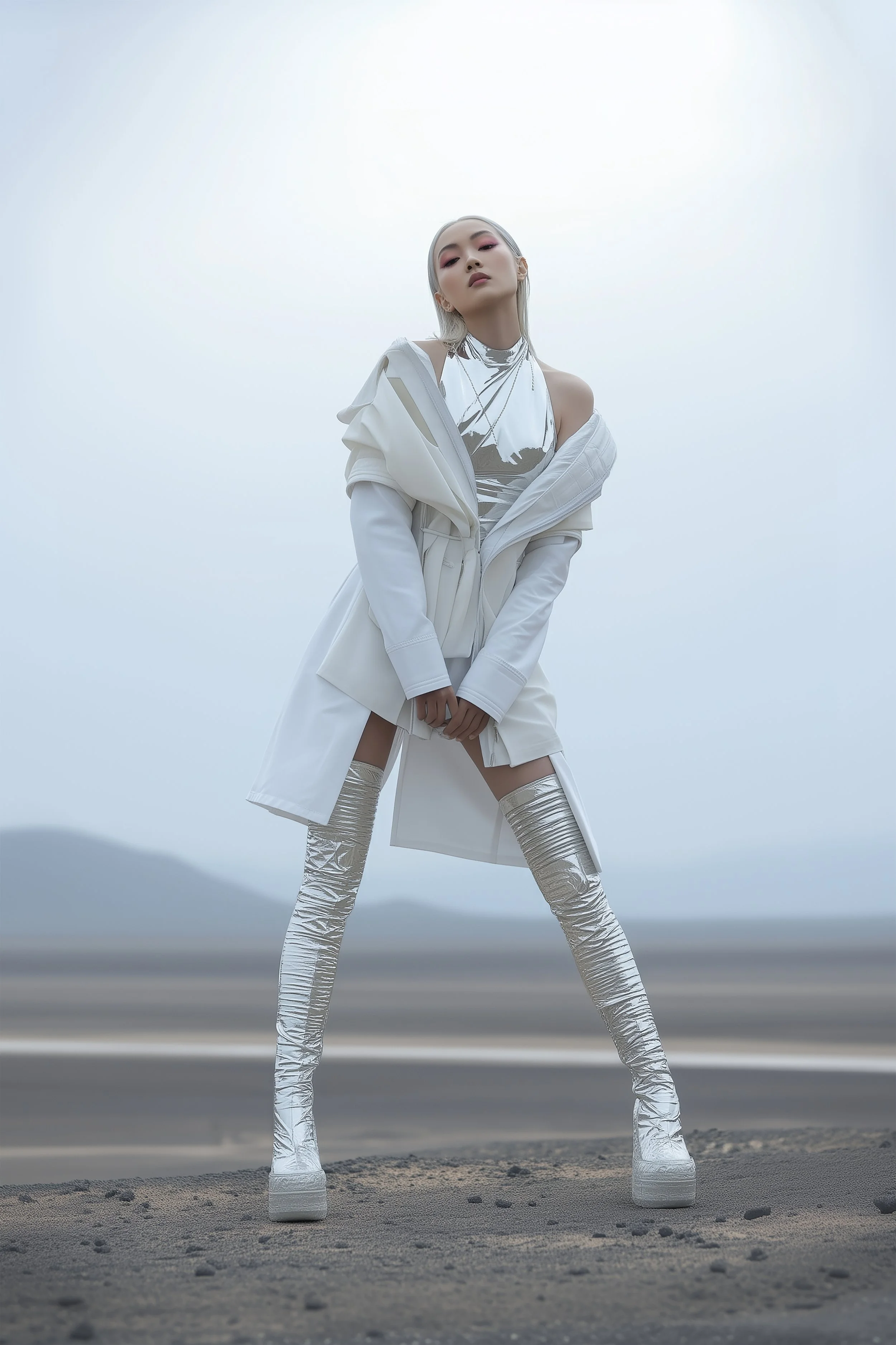 Model and brand ambassador Xia Iseri wearing an avant-garde white outfit, with a coat and a chrome inner wear, with high textured style boots, posing boldly in an outdoor alien planet desert environment, for digital fashion brand [ze Luna].