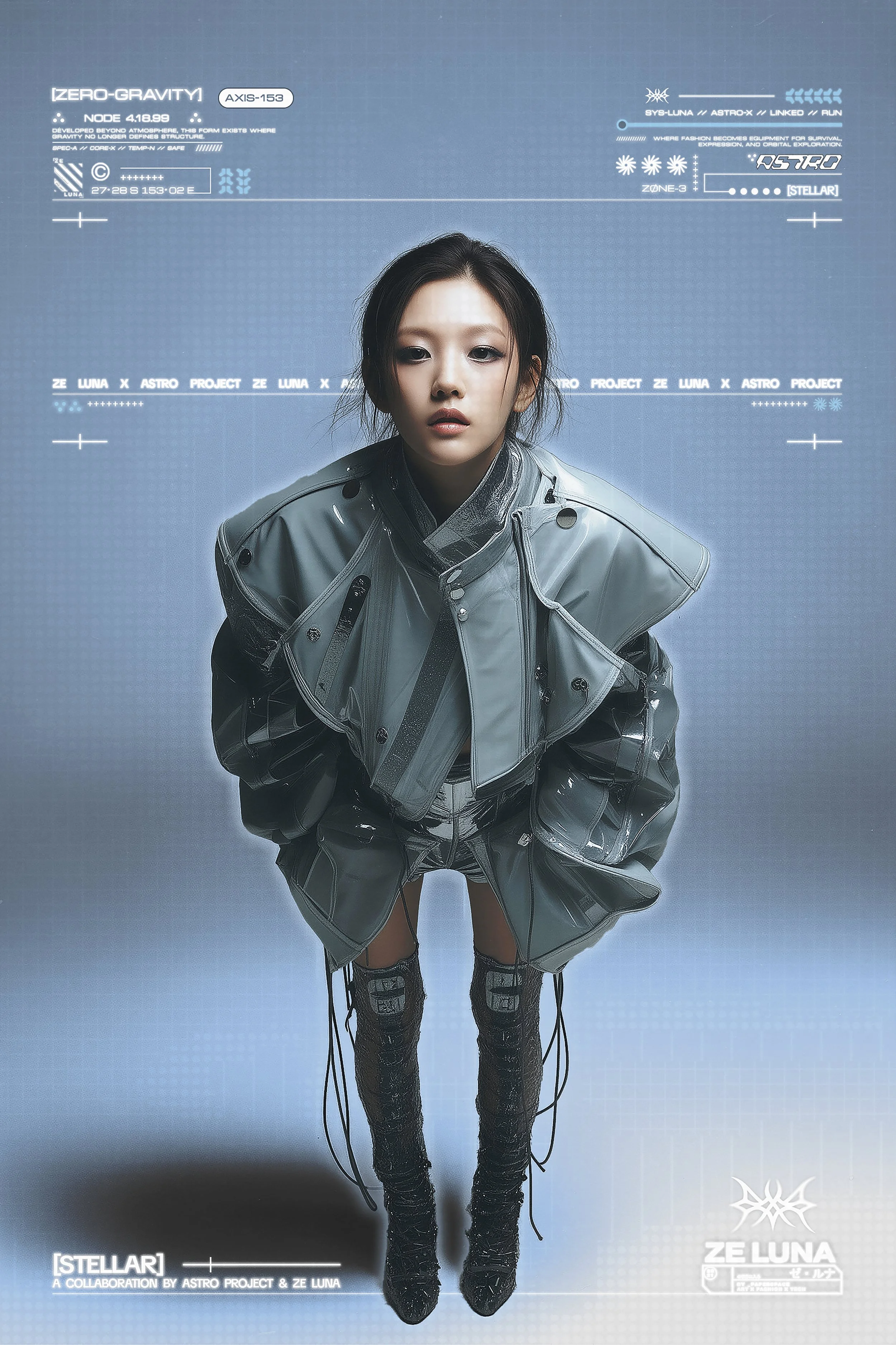 A sci-fi fashion editorial poster featuring a model wearing an otherworldly sci-fi inspired overcoat with slits and details, paired with a matching thigh high textured boots that look futuristic. Collaborative release by [ze Luna].