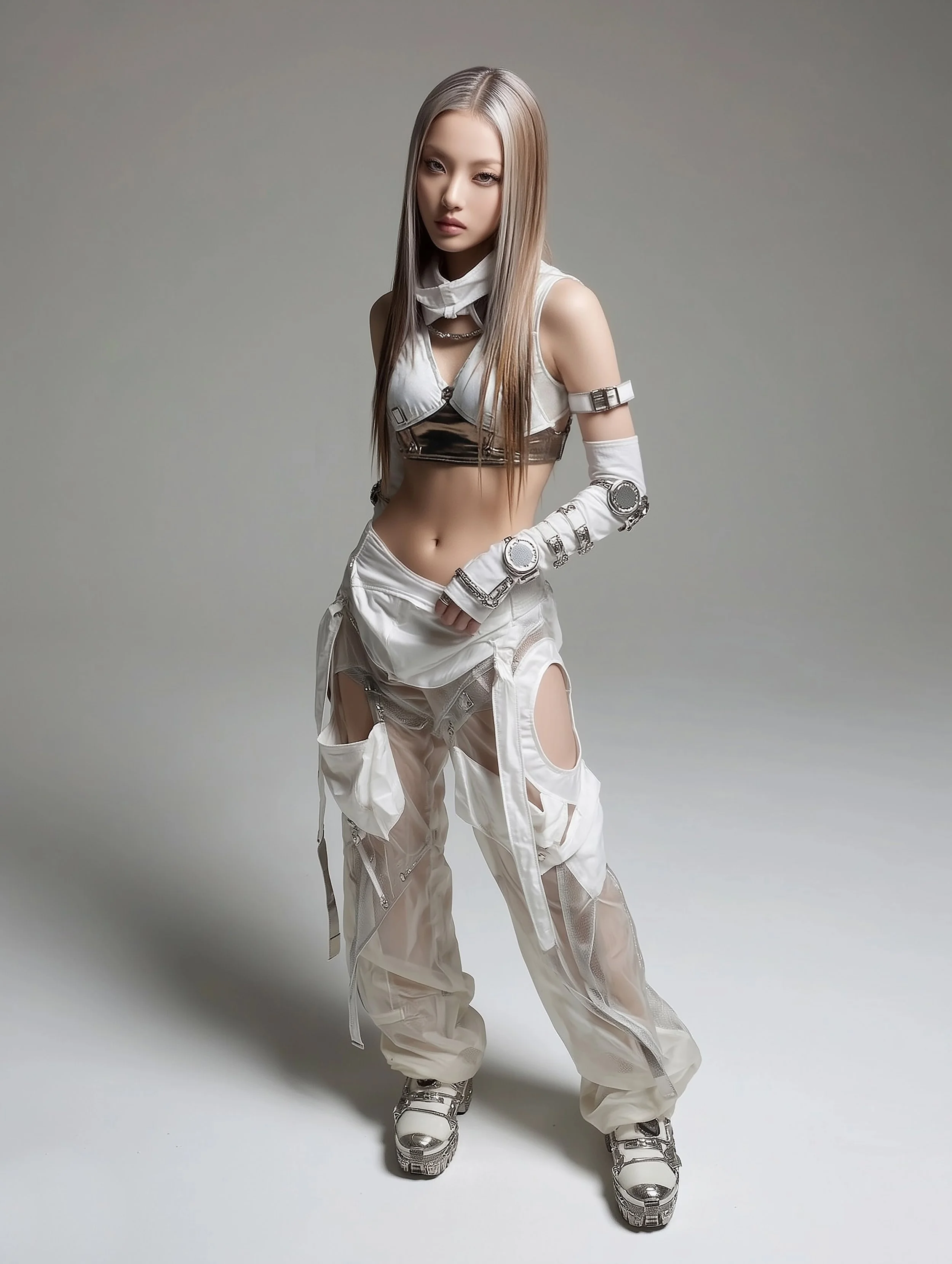 A model posing confidently and boldly in different angles, in a experimental avant-garde chic casual that is stylishly layered with different fabrics and metal. She looks at the camera as part of a fashion editorial. The design and overall look is de