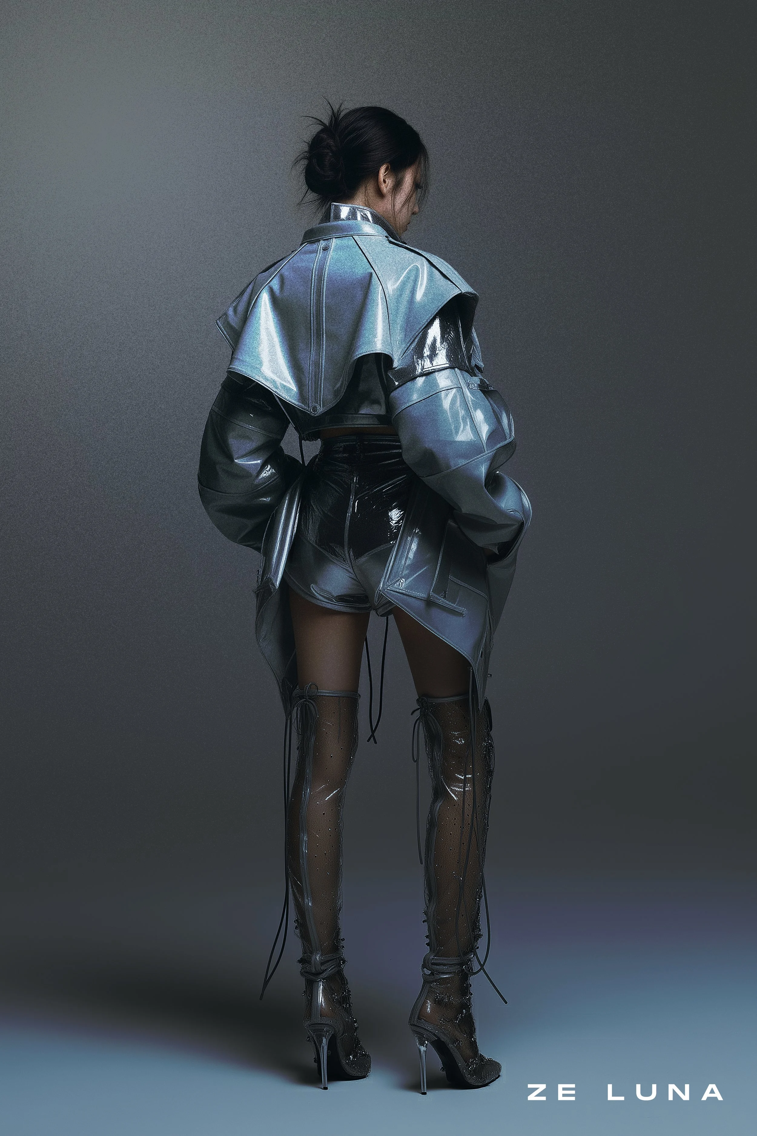 A sci-fi fashion editorial poster featuring a model wearing an otherworldly sci-fi inspired overcoat with slits and details, paired with a matching thigh high textured boots that look futuristic. Collaborative release by [ze Luna].