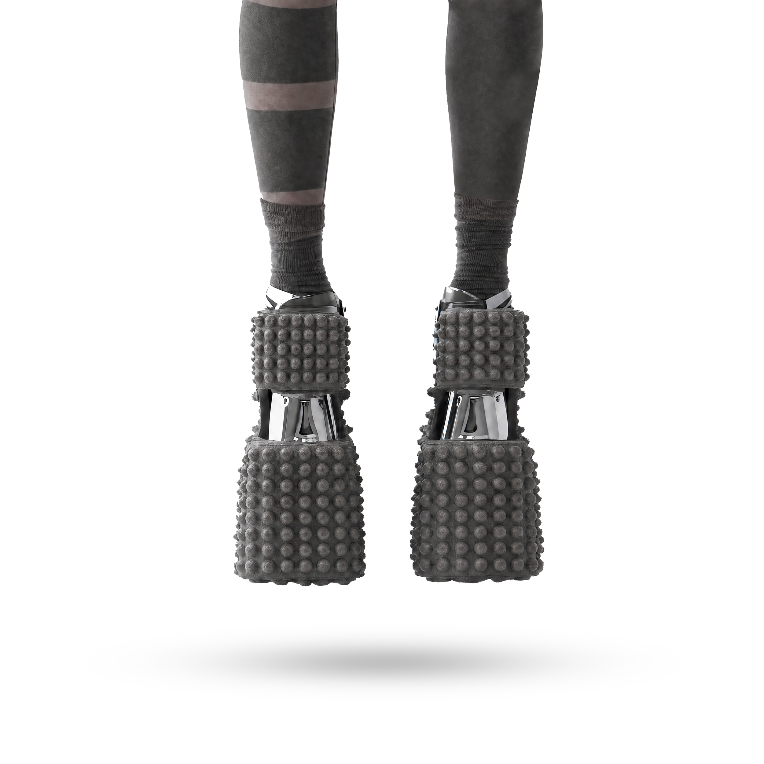 A pair of avant-garde heels inspired by extraterrestrial geological terrains. It features an unconventional design that comprises of a unique way of wearing the heels. The design is accentuated by an exaggerated heels that are textured like geologica