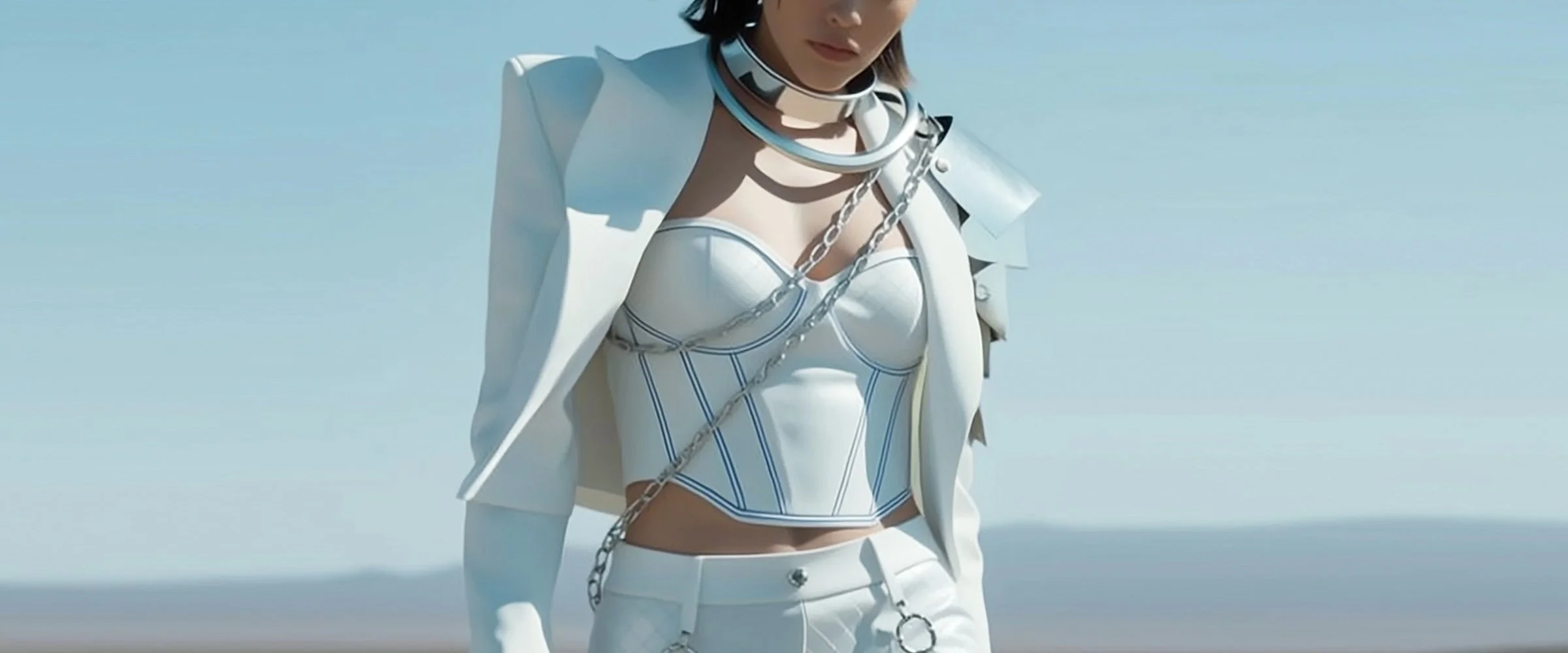 A cover piece for digital fashion brand [ze Luna]'s latest [Offworld] release, featuring a fashion piece with avant-garde aesthetics and otherworldly vibes.