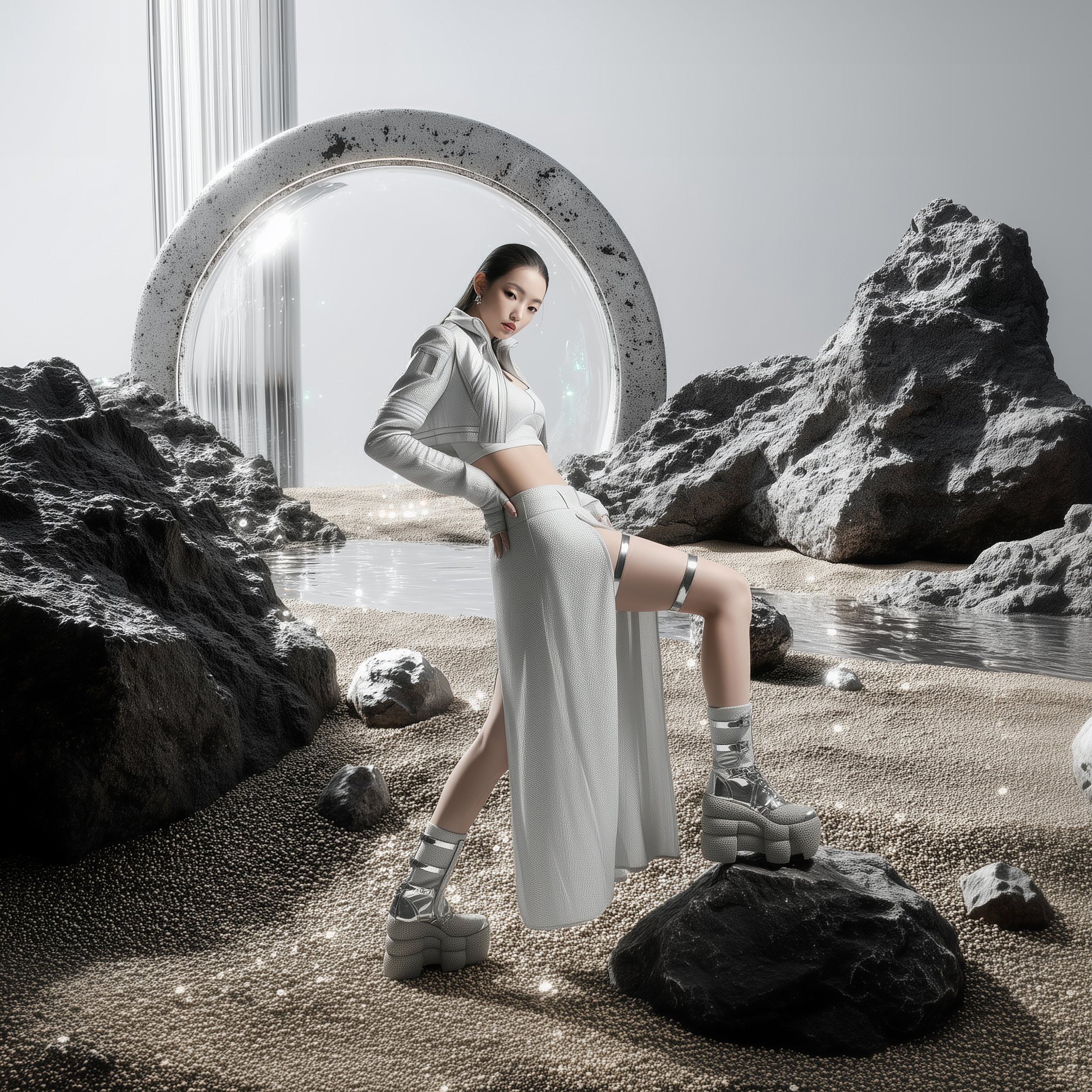 Model Xia Iseri poses in an all-white outfit on an otherworldly alien planet. She is posing in a bold manner and her outfit is futuristic and avant-garde yet sleek and stylish. Part of the [Offworld] series by digital fashion brand [ze Luna].