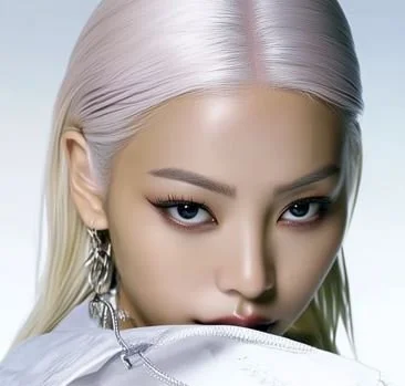 Model Xia Iseri posing in a portrait for digital fashion brand [ze Luna]. She has silver-white hair and is wearing a beautiful chrome earring. She has light makeup and stares intensely into the camera, with a beautiful yet piercing gaze.
