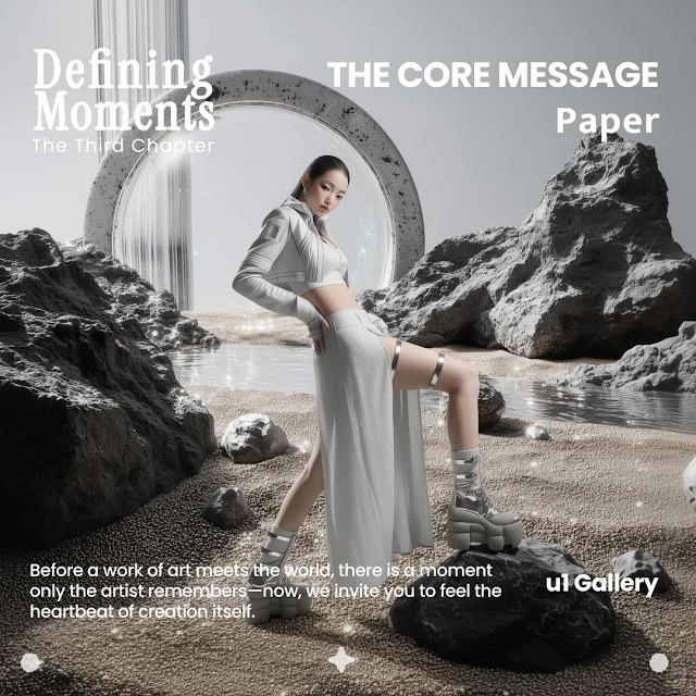 A poster describing a featured interview with artist and founder of digital fashion brand [ze Luna], curated and hosted by U1 Gallery, Tokyo. It reads' Defining Moments, The Third Chapter: The Core Message'. It features Model and brand ambassador Xia