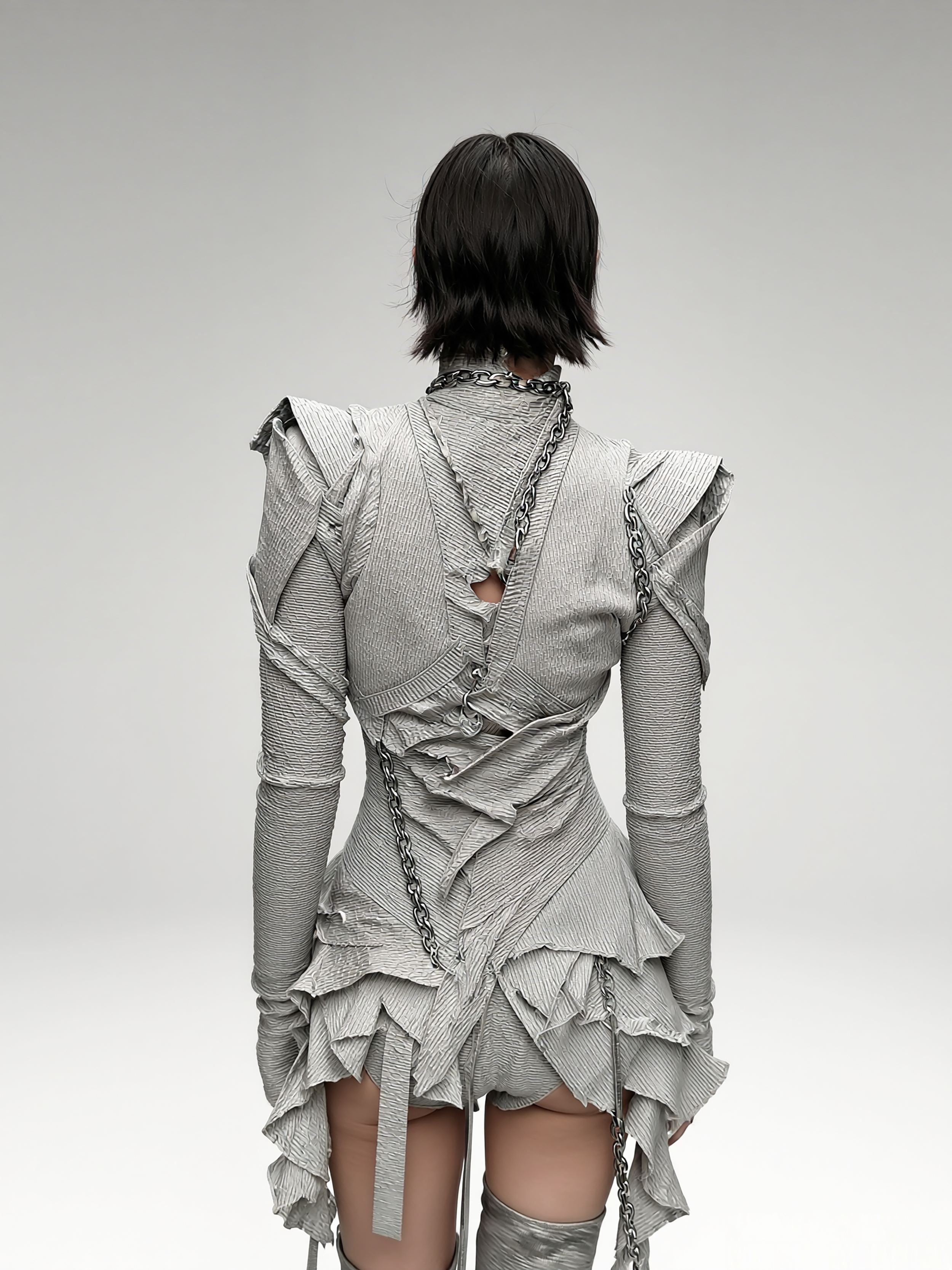 Model and brand ambassador Jun Xeda wearing an otherworldly textured dress that is layered with fitted bodice, expressed ruffles and a draped hemline. She is wearing thigh high silver boots with a tabi design, for digital fashion brand [ze Luna].