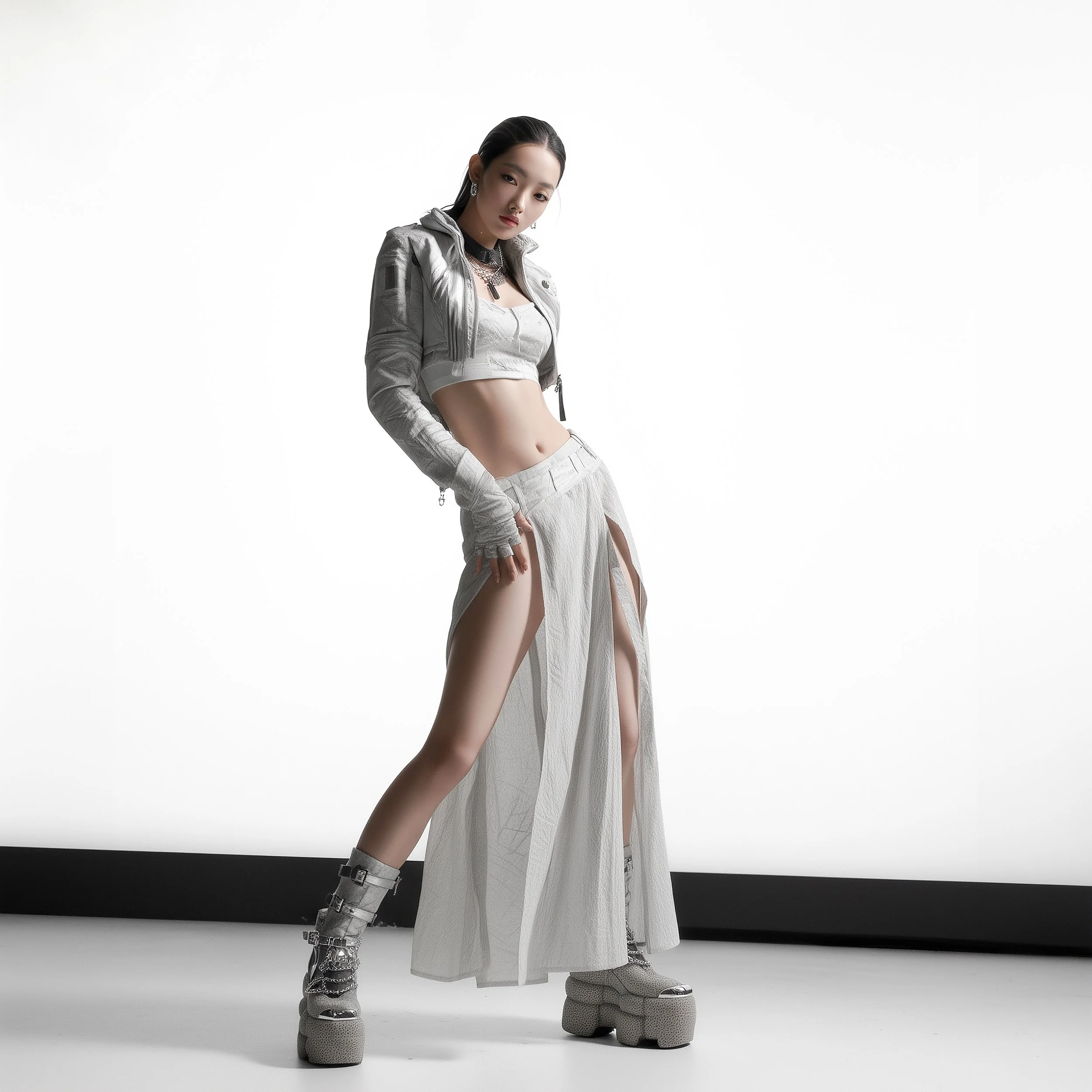 Model Xia Iseri poses in a full-white long dress and a long sleeve cropped top, in a neutral background, wearing high cut chrome textured platforms [Mercury], as part of the [Offworld] editorial series by digital fashion brand [ze Luna].