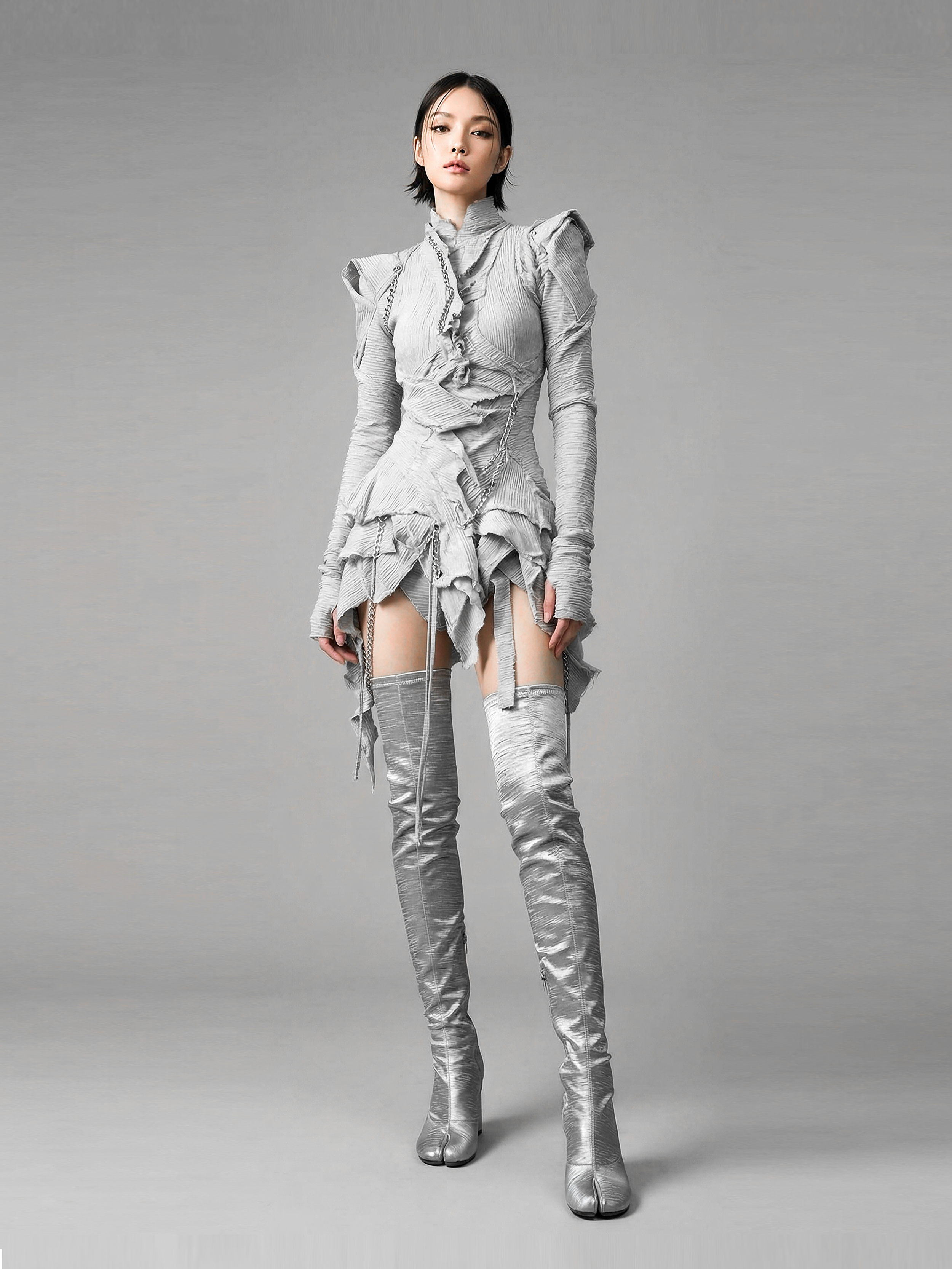 Model and brand ambassador Jun Xeda wearing an otherworldly light gray textured dress that is layered with fitted bodice, expressed ruffles and a draped hemline. She is wearing thigh high silver boots with a tabi toe design, for digital fashion brand