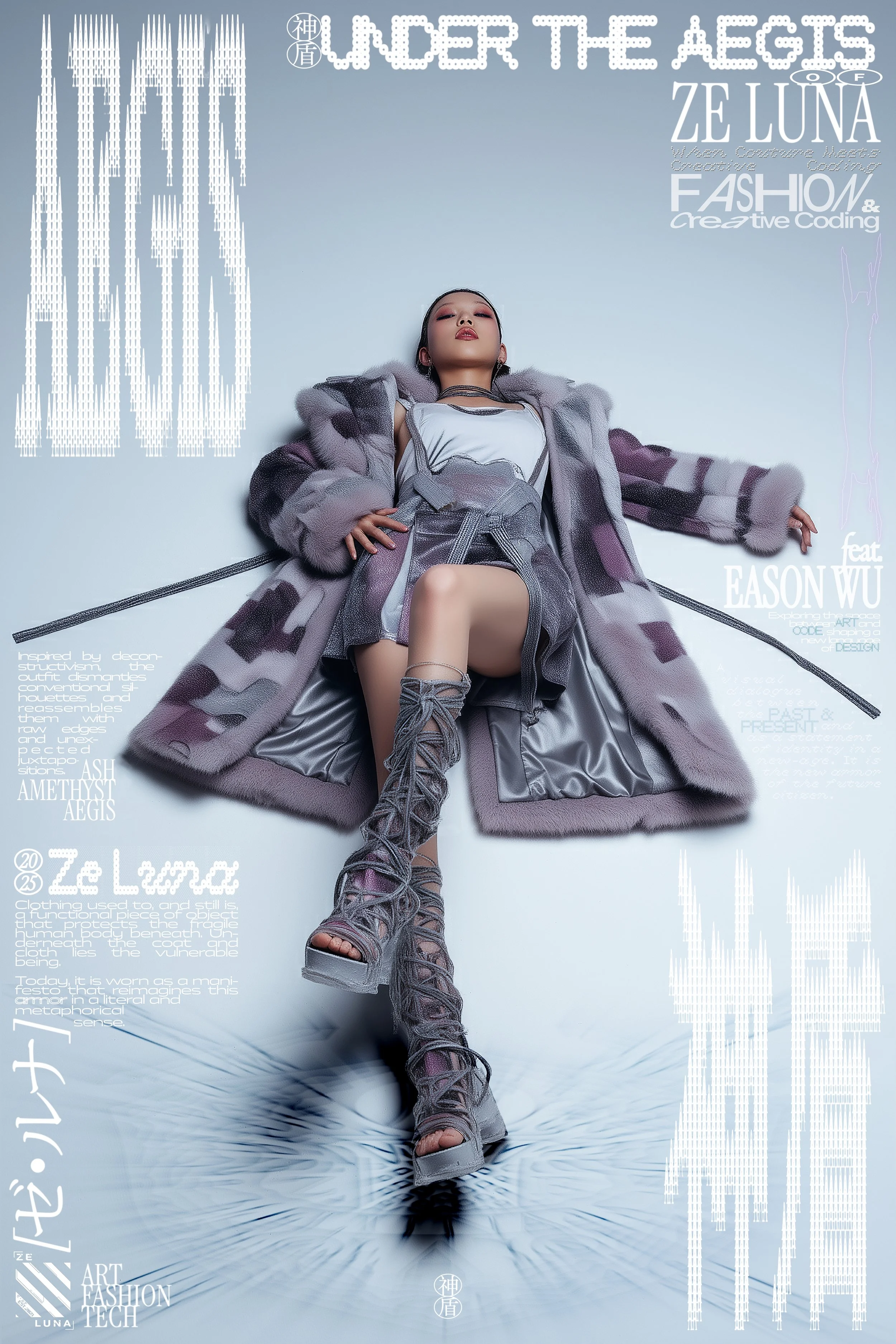 [ze Luna] x Eason Wu collaborative piece: Aegis 【神盾】. Model posing in an avant-garde purple-white reconstructed patchwork outfit consisting of a fur coat, top & bottom and an otherworldly high-laced heels, posing for digital fashion brand [ze Luna].