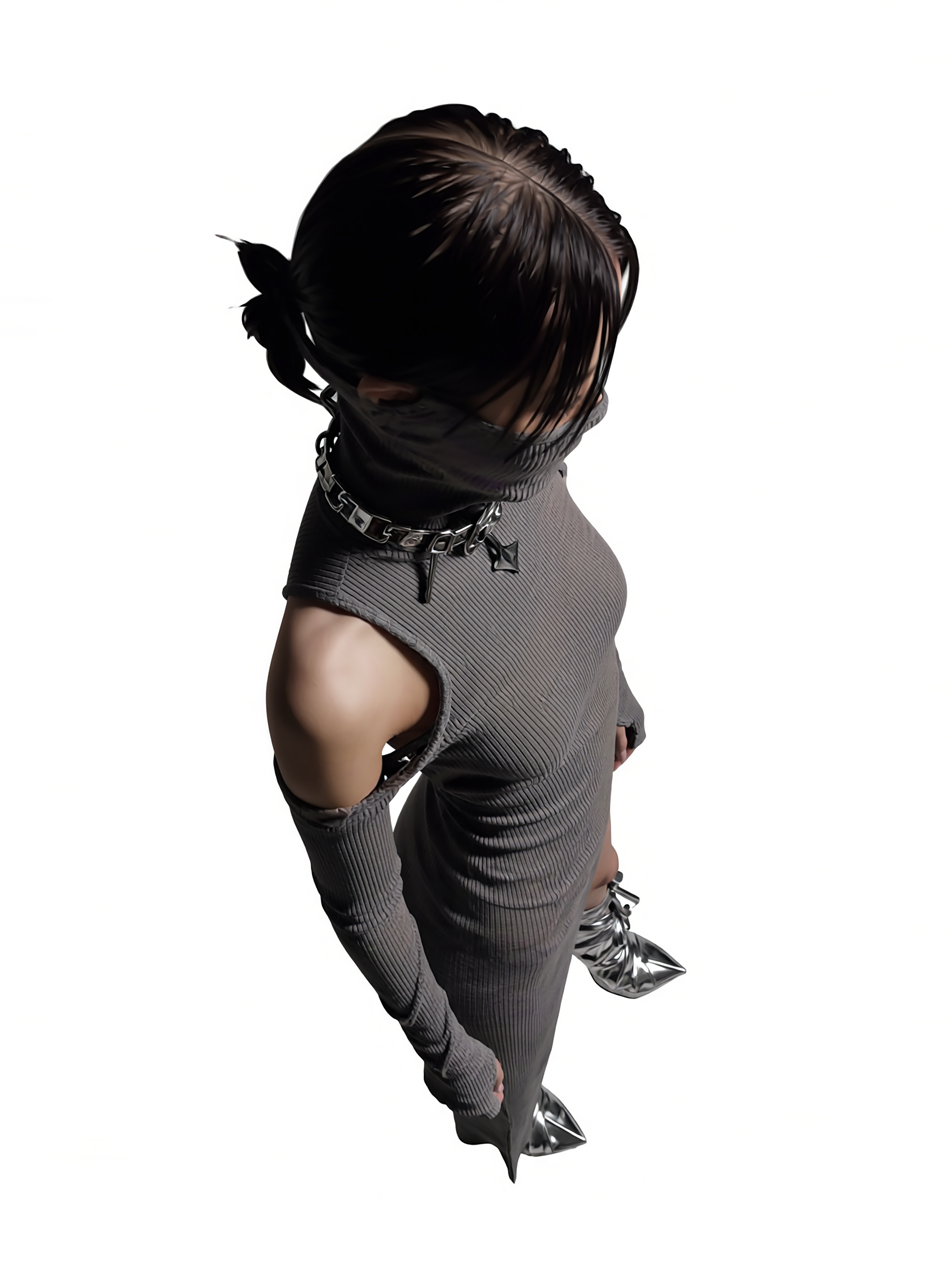 Model Xia Iseri posing in an avant-garde gray tight dress with a joint cloth that serves as a face mask, covering the bottom half of her face. This new dress is part of the latest [Offworld] collection released by digital fashion brand [ze Luna].