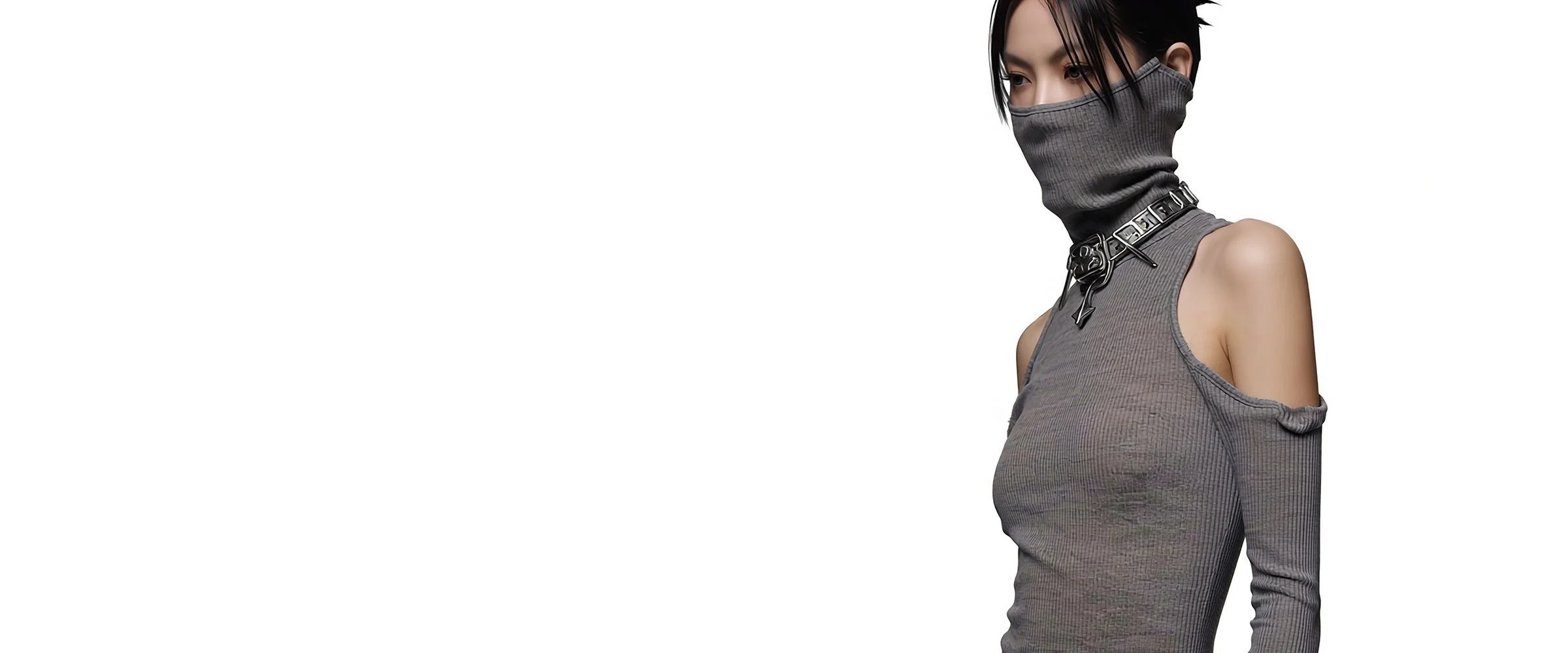 Model Xia Iseri posing in an avant-garde gray tight dress with a joint cloth that serves as a face mask, covering the bottom half of her face. The overall design resembles and embodies a rebellious spirit. This new dress is part of the latest [Offwor