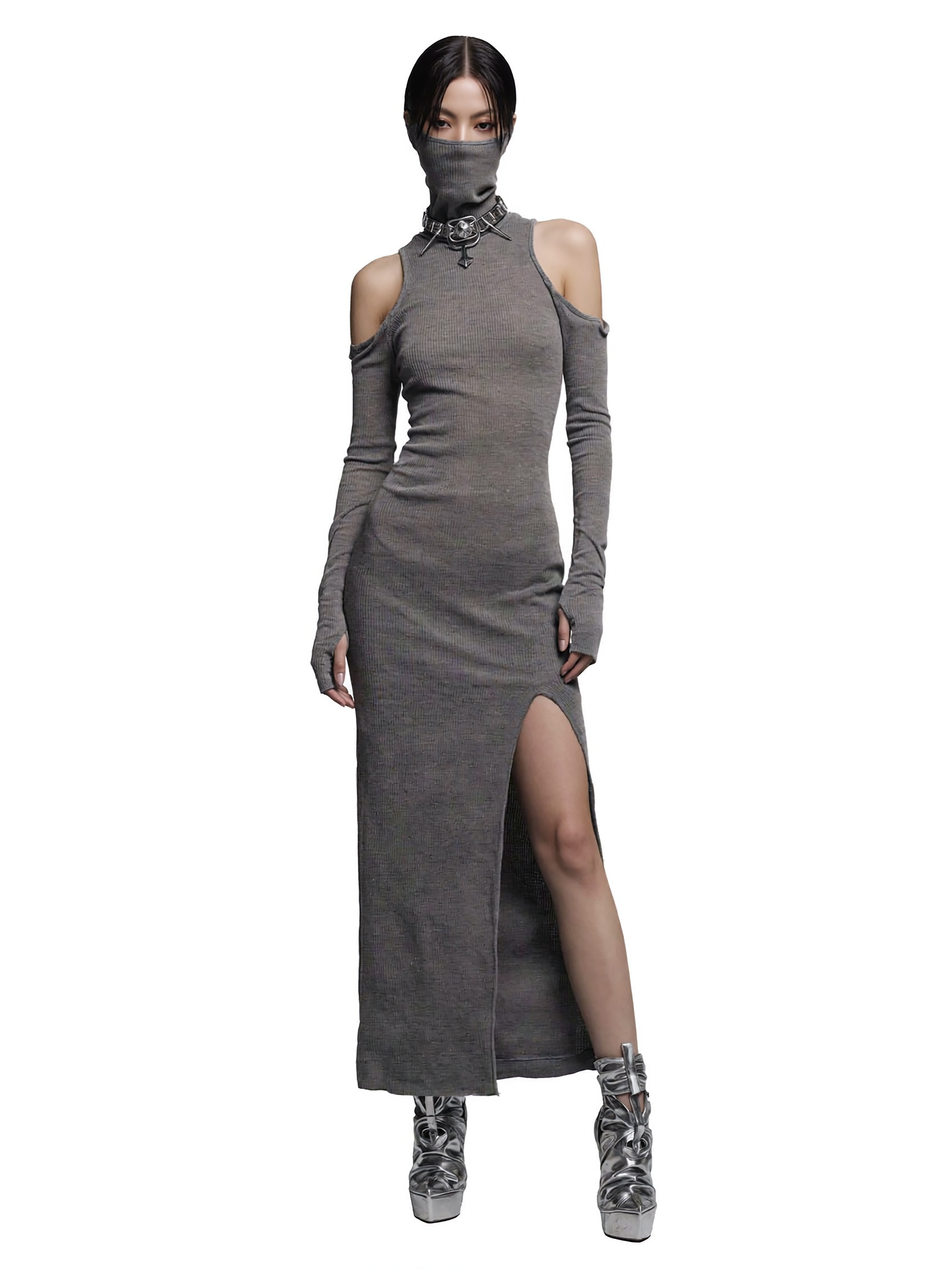 Model Xia Iseri posing in an avant-garde gray tight dress with a joint cloth that serves as a face mask, covering the bottom half of her face. This new dress is part of the latest [Offworld] collection released by digital fashion brand [ze Luna].