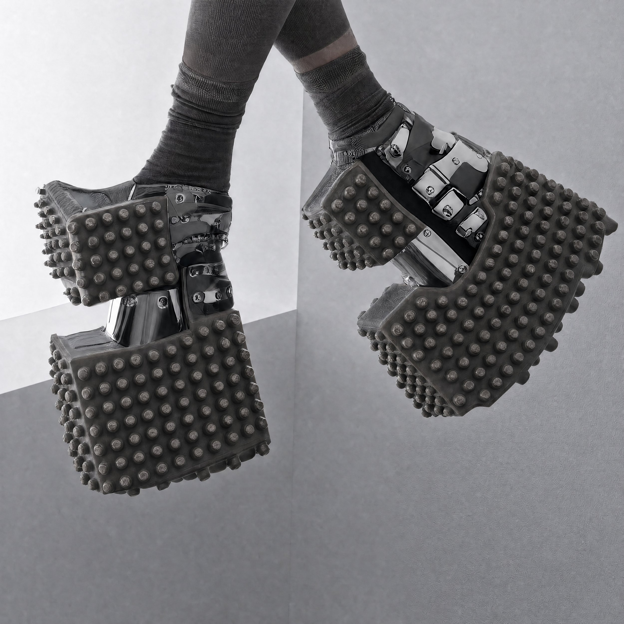 A pair of avant-garde heels inspired by extraterrestrial geological terrains. It features an unconventional design that comprises of a unique way of wearing the heels. The design is accentuated by an exaggerated heels that are rock-like textured.
