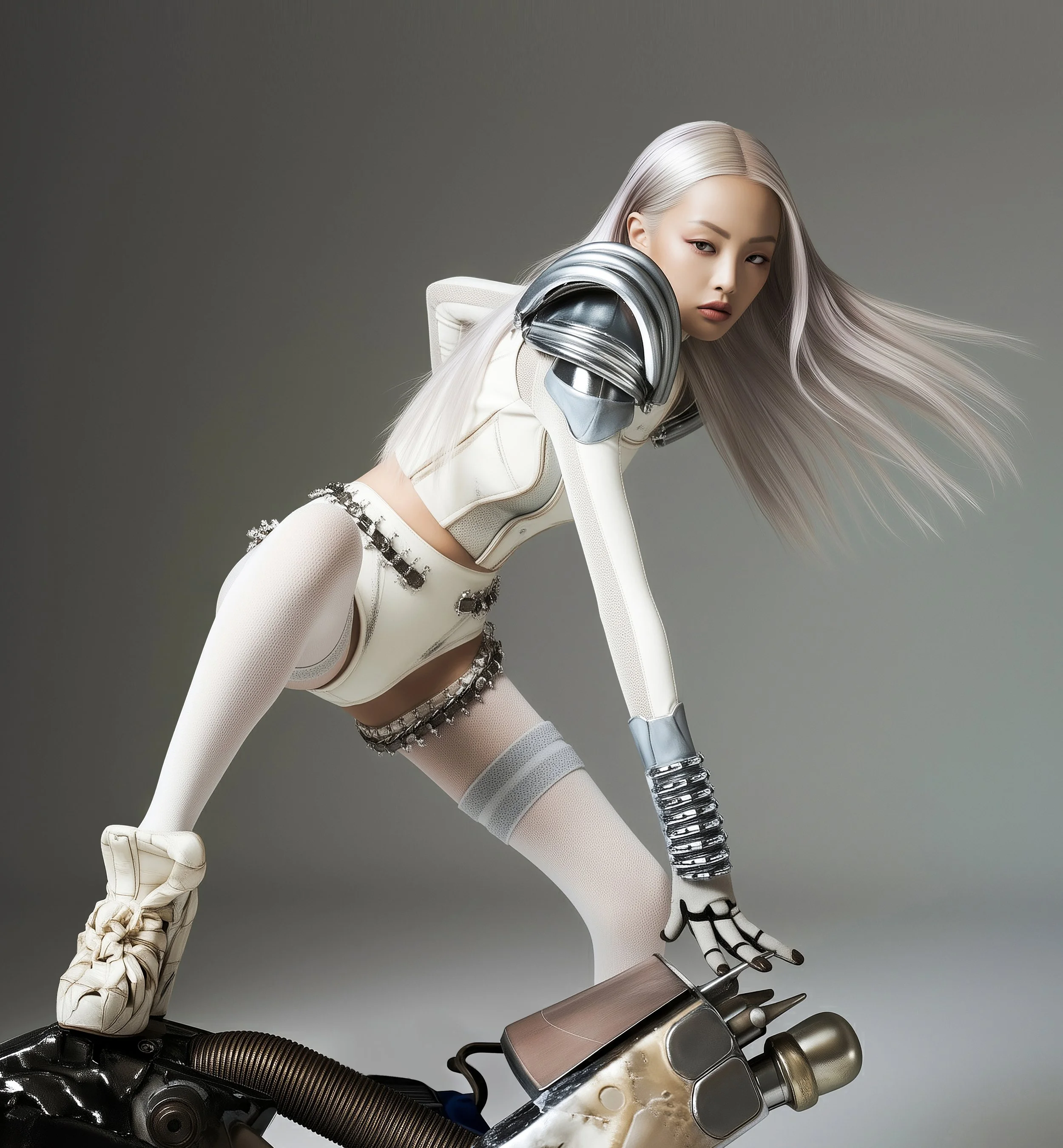 Model and brand ambassador Jun Xeda outfitted in a black and chrome outfit, sitting on top of a white granite, posing for an [Offworld] photoshoot for digital fashion brand [ze Luna].