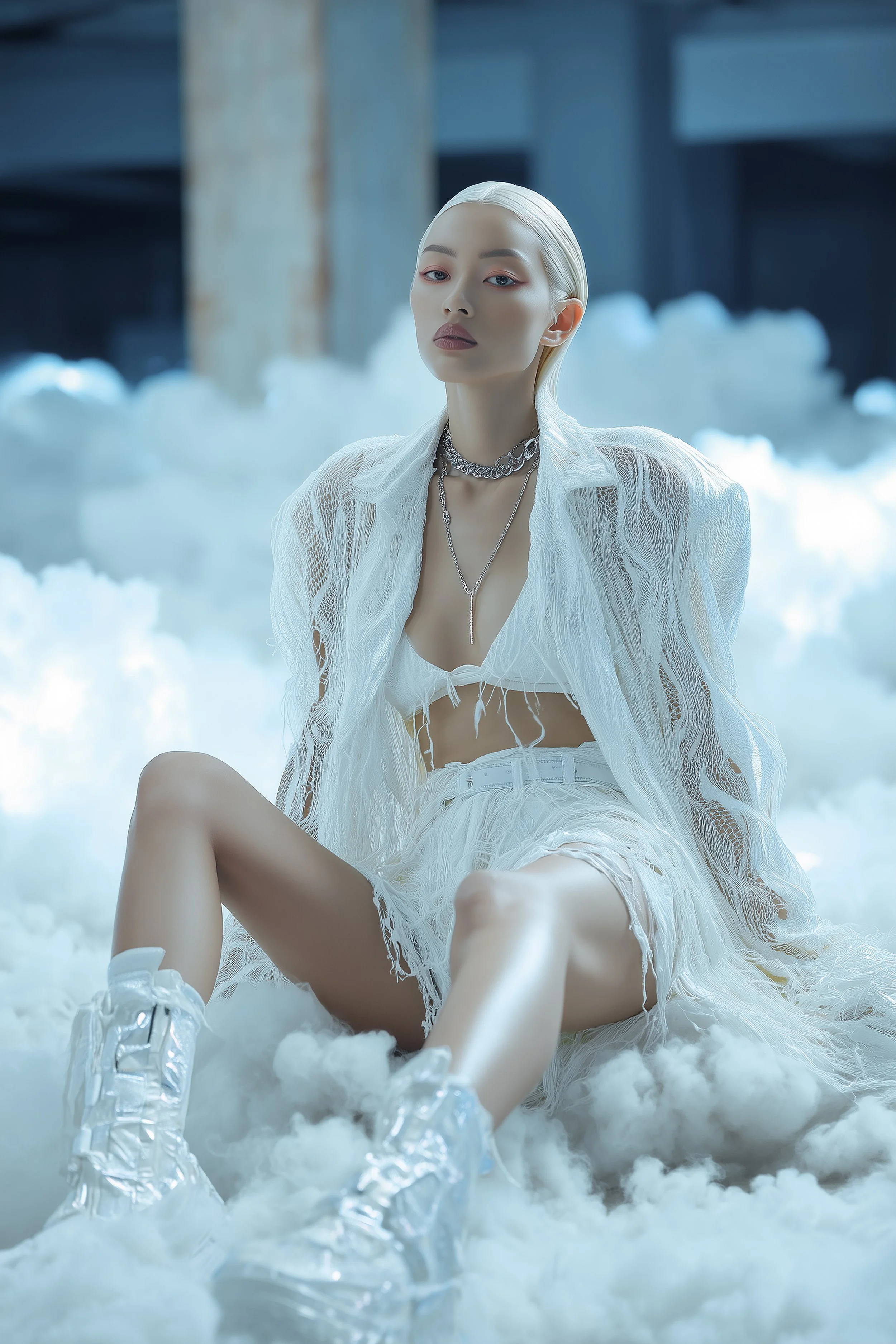 Model Xia Iseri wearing a full white costume, comprising of a bra-like top, short pants, a light translucent sweater, and white boots. The backdrop seems to be a warehouse but it is filled with cloud-like fluff on the ground, as she sits and poses.