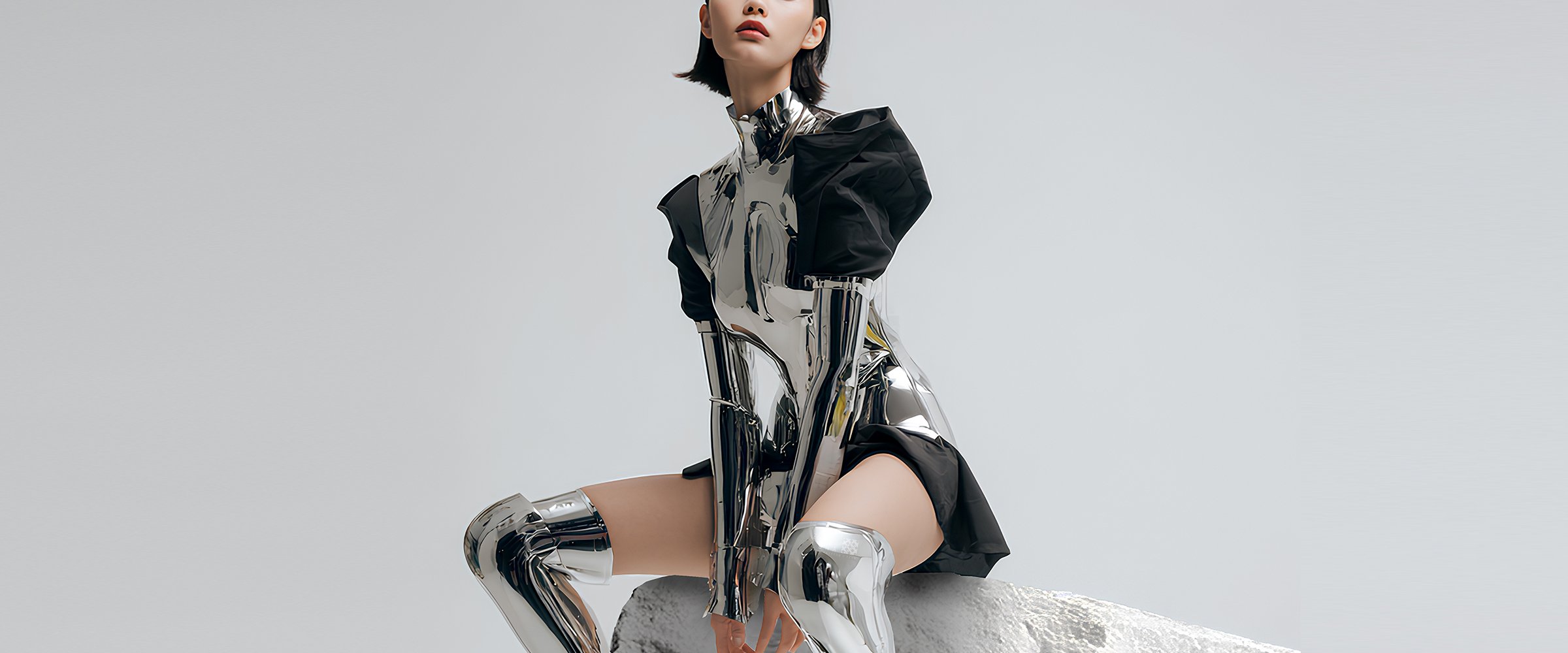 A cover piece for digital fashion brand [ze Luna]'s latest [Offworld] release, featuring a fashion piece with avant-garde aesthetics and otherworldly vibes.