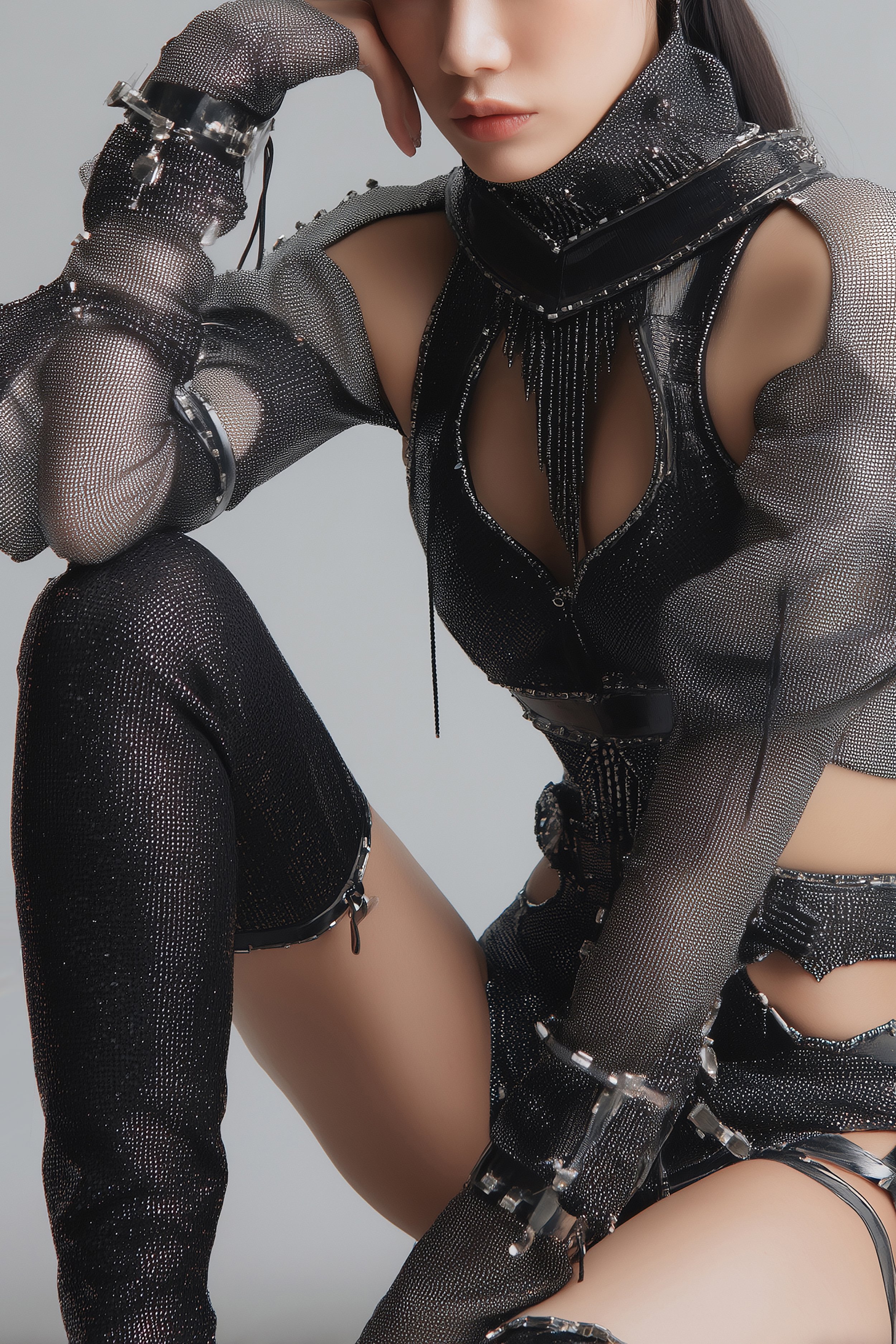 Model posing in a functional yet aesthetic ninja-inspired outfit that is avant-garde and fashionable. She is posing in a studio setting for digital fashion brand [ze Luna]. The outfit is intricate and detailed, combining high fashion with function.