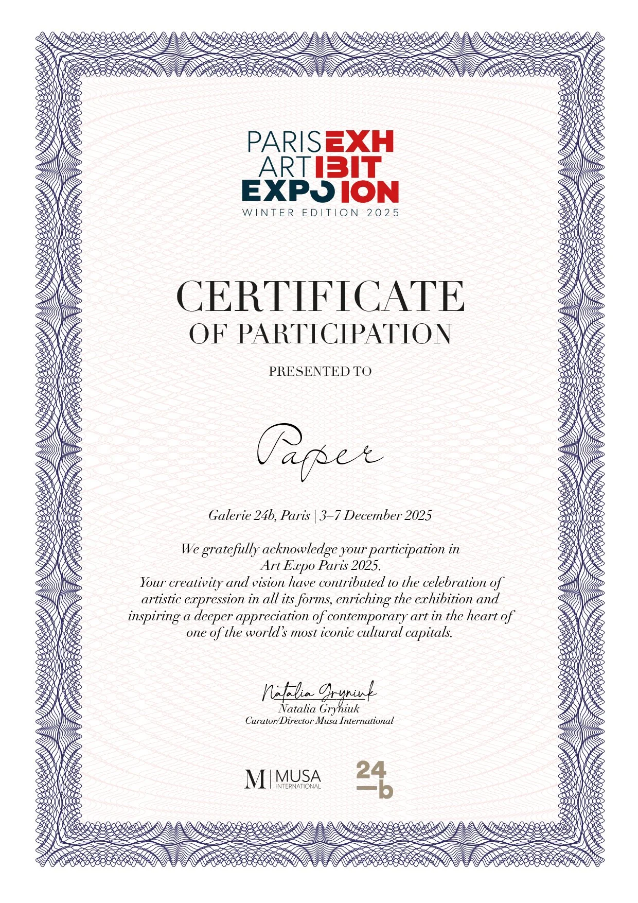 Certificate of participation awarded to _Paperspace at Paris Exposition Art Expo 2025, held at Galerie 24b, Paris, from December 3rd to 7th, 2025.