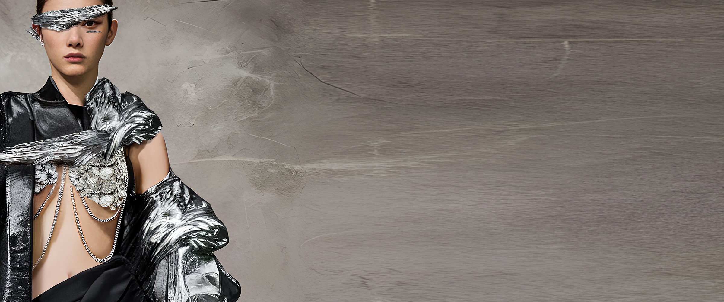 A cover piece for digital fashion brand [ze Luna]'s latest [Offworld] release, featuring a fashion piece with avant-garde aesthetics and otherworldly vibes.