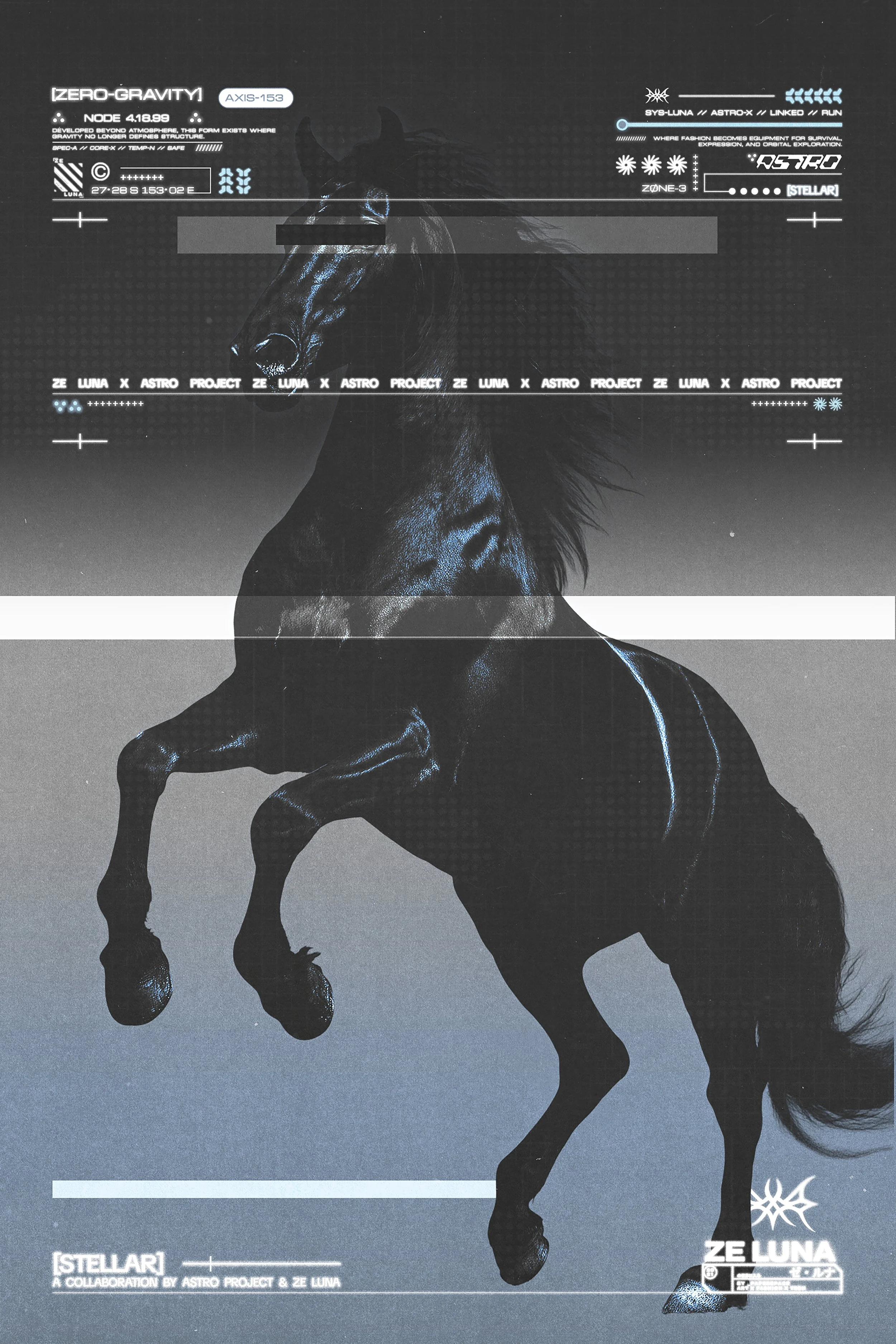 A sci-fi fashion editorial poster featuring a dark horse in an otherworldly sci-fi setting with graphics that are stylistically futuristic. This is a collaborative release by digital fashion brand [ze Luna].