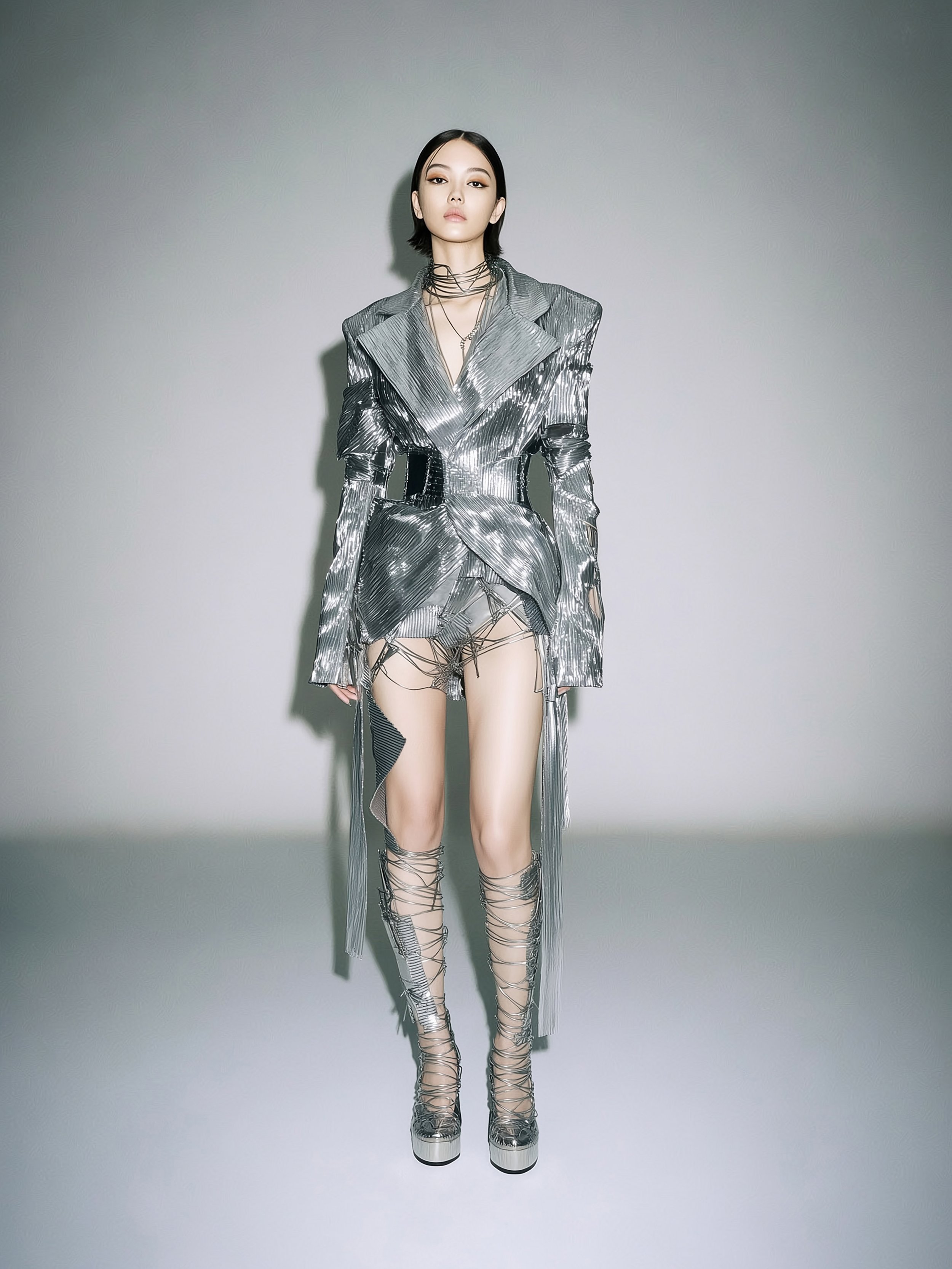Model and brand ambassador Jun Xeda in a striking silver embellished textured dress with matching heels. The outfit is otherworldly and resembles an interstellar stream, designed by digital fashion brand [ze Luna] for the [Offworld] collection.