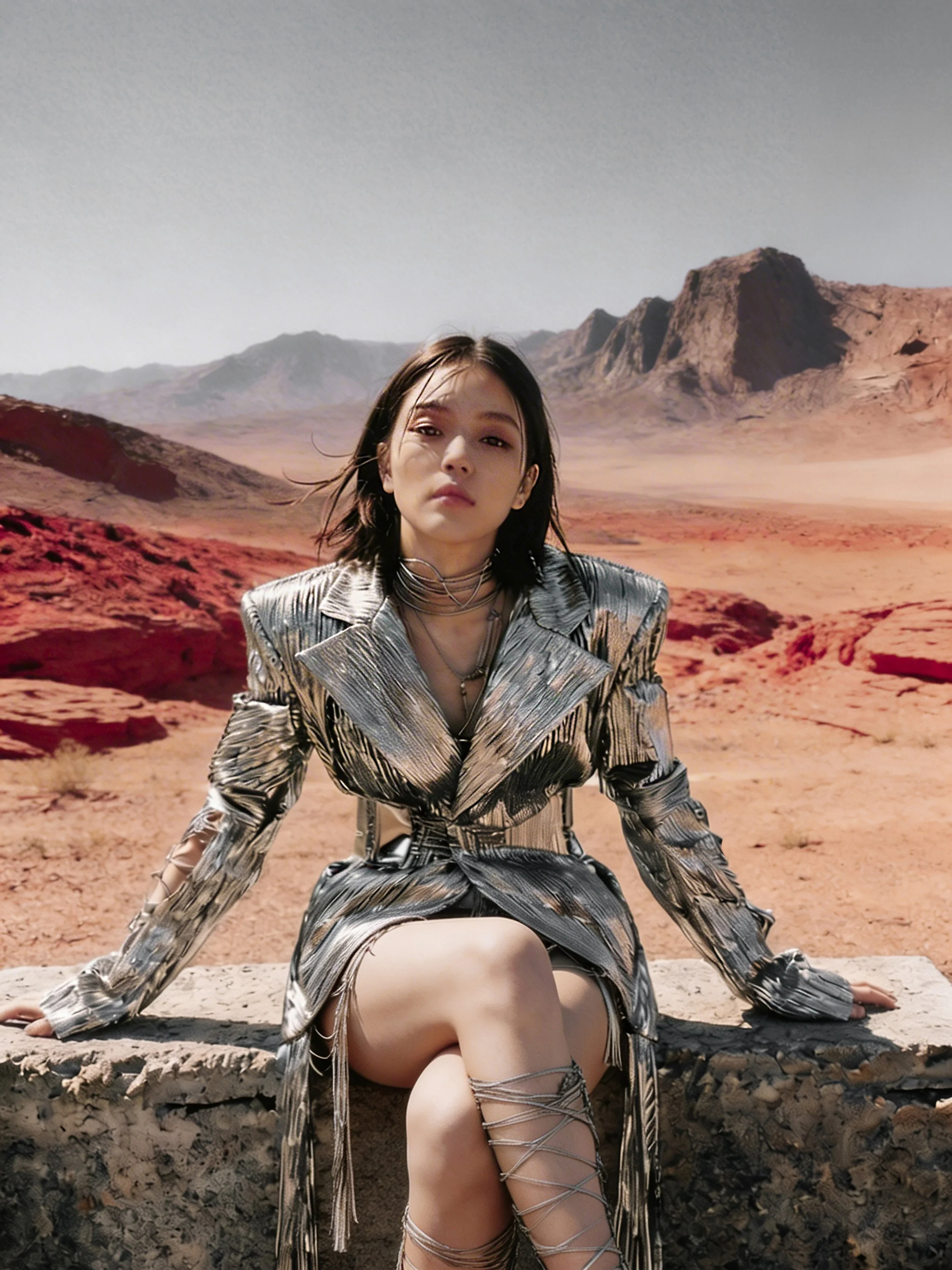 Model and brand ambassador Jun Xeda in a striking silver embellished textured dress with matching heels. The outfit is otherworldly and resembles an interstellar stream, designed by digital fashion brand [ze Luna] for the [Offworld] collection. She i