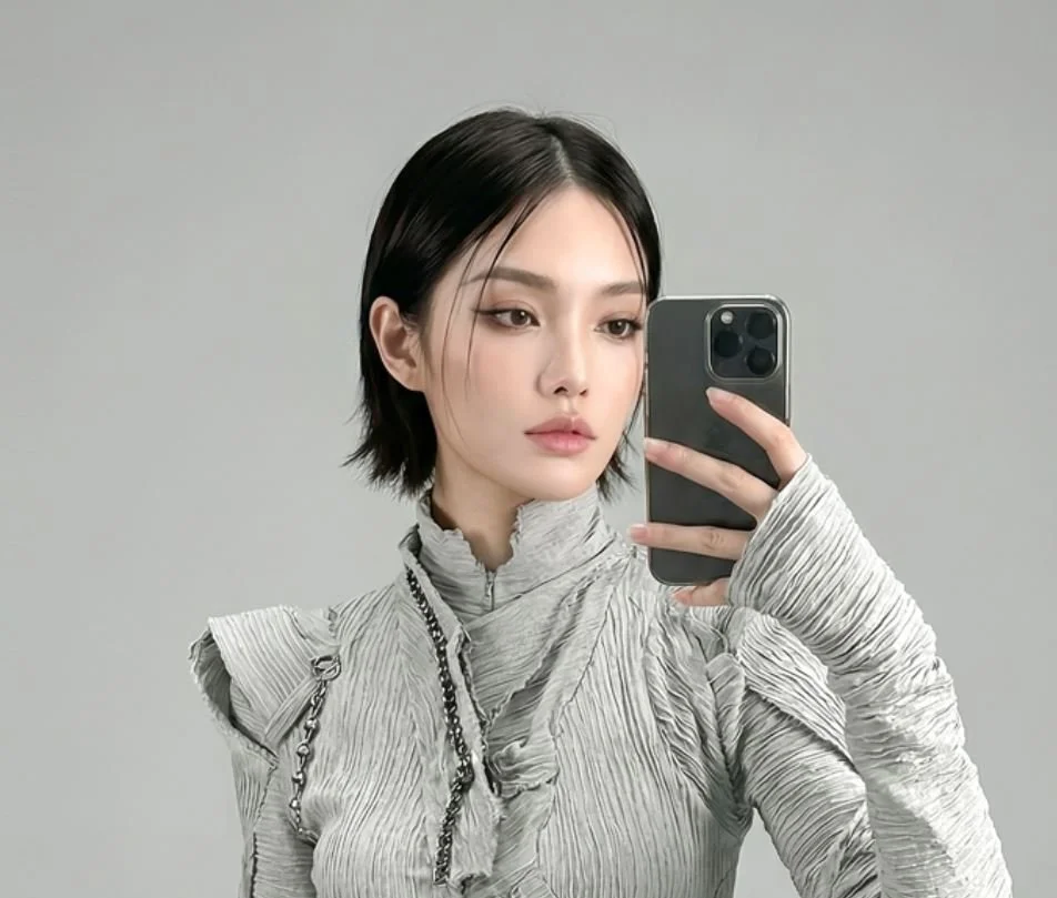 Model and brand ambassador Jun Xeda in a fashion editorial. Portrait shoot that showcases her in a grey otherworldly textured avant-garde outfit with stylish hair. She is posing boldly for digital fashion brand [ze Luna].