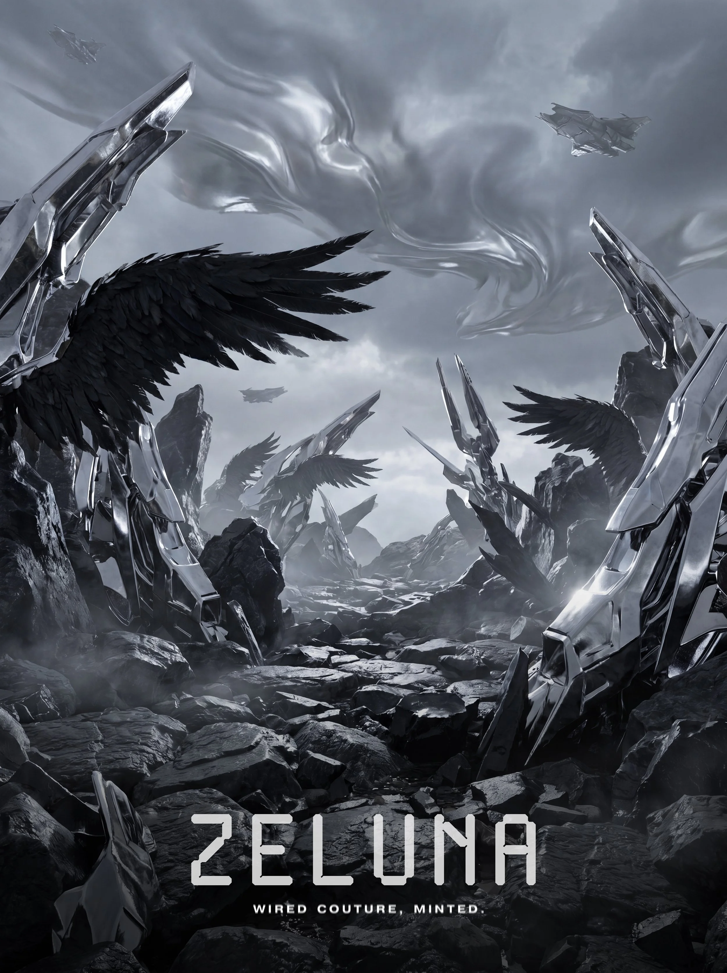 An otherworldly alien planet landscape that features giant chrome formations juxtaposed with huge dark feathers, emitting an ominous vibe. It is an avant-garde poster for digital fashion brand [ze Luna].