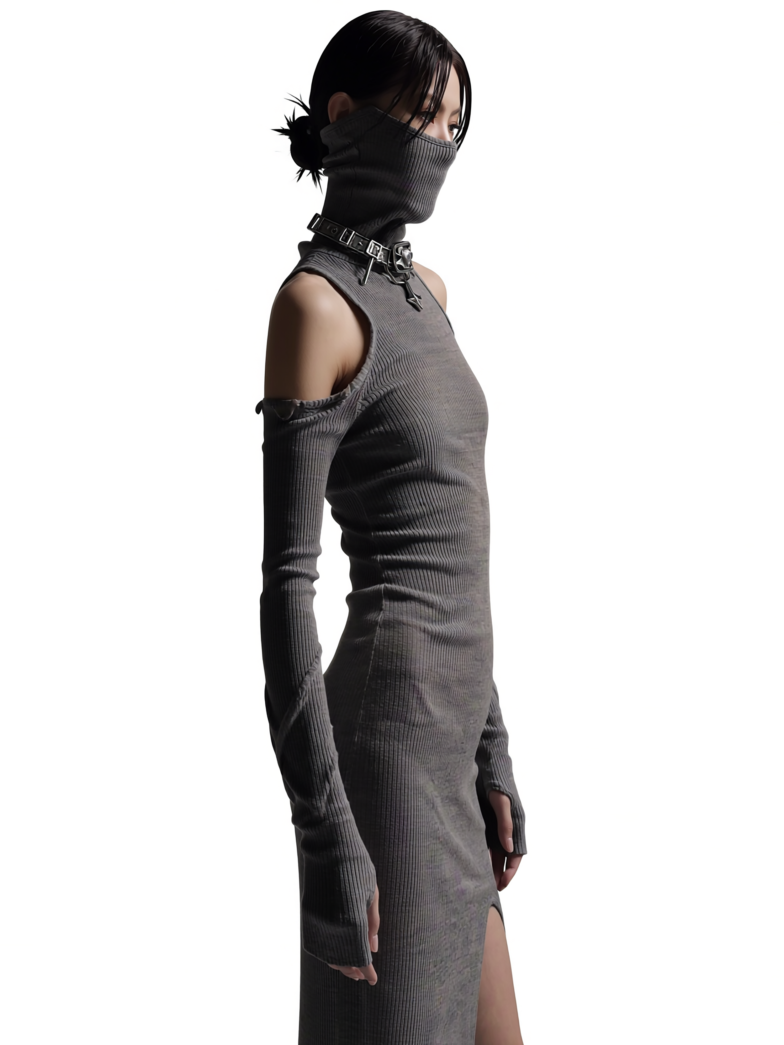 Model Xia Iseri posing in an avant-garde gray tight dress with a joint cloth that serves as a face mask, covering the bottom half of her face. This new dress is part of the latest [Offworld] collection released by digital fashion brand [ze Luna].