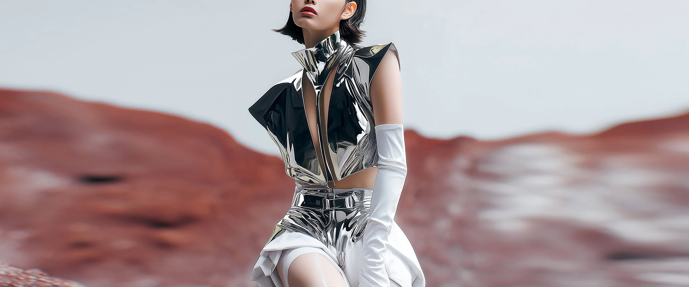 A cover piece for digital fashion brand [ze Luna]'s latest [Offworld] release, featuring a fashion piece with avant-garde aesthetics and otherworldly vibes.