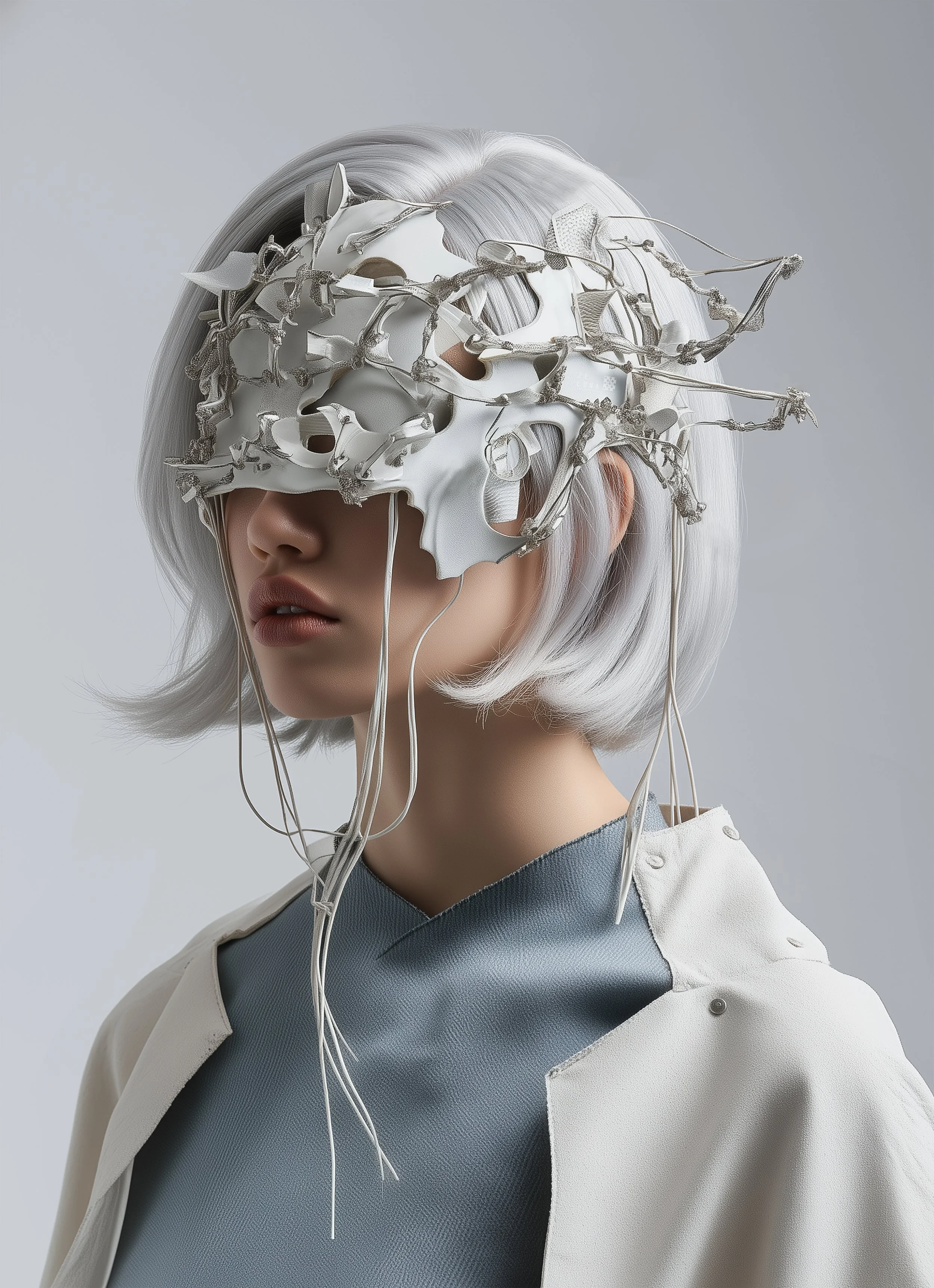 An editorial photoshoot for a cybernetic and futuristic fashion headpiece. The headpiece has intricate design, meshing together wire structures with folded white metal, giving an overall avant-garde vibe.