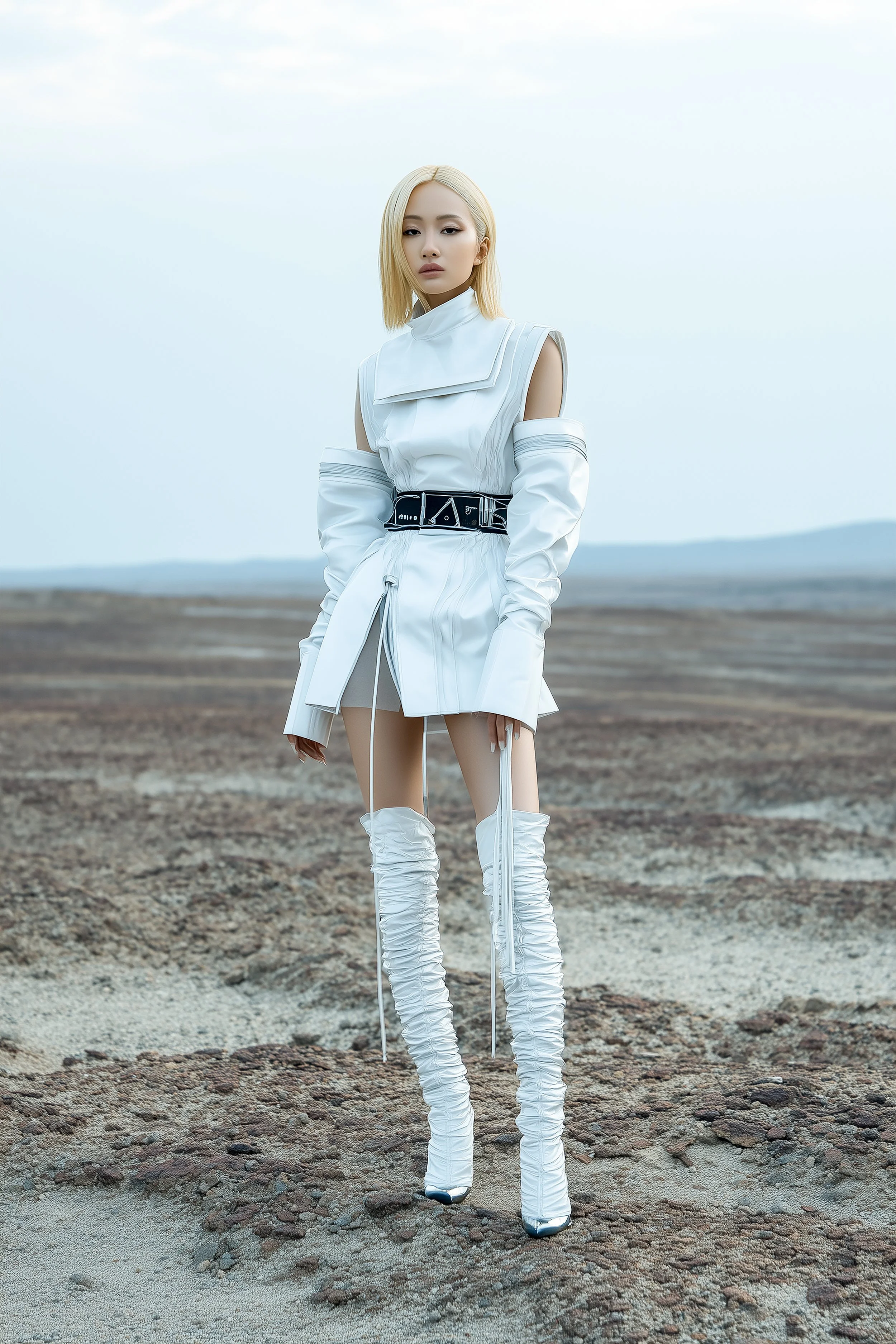 A beautiful female model a posing in a white textured outfit, with high white footwear, in a red desert-like environment for digital fashion brand [ze Luna].