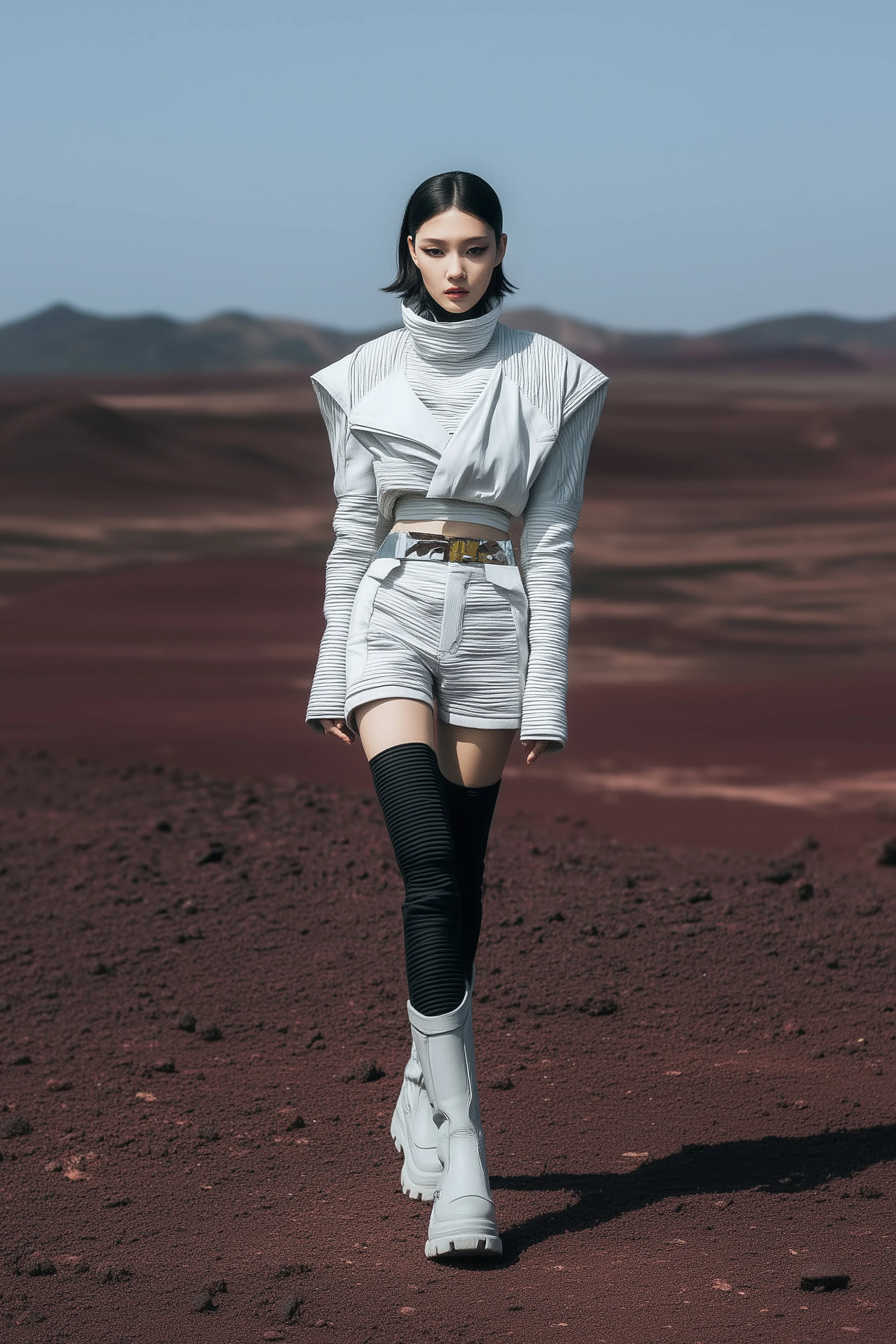 Model and brand ambassador Jun Xeda posing in a white textured outfit, with black stockings, in a red desert-like environment for digital fashion brand [ze Luna].