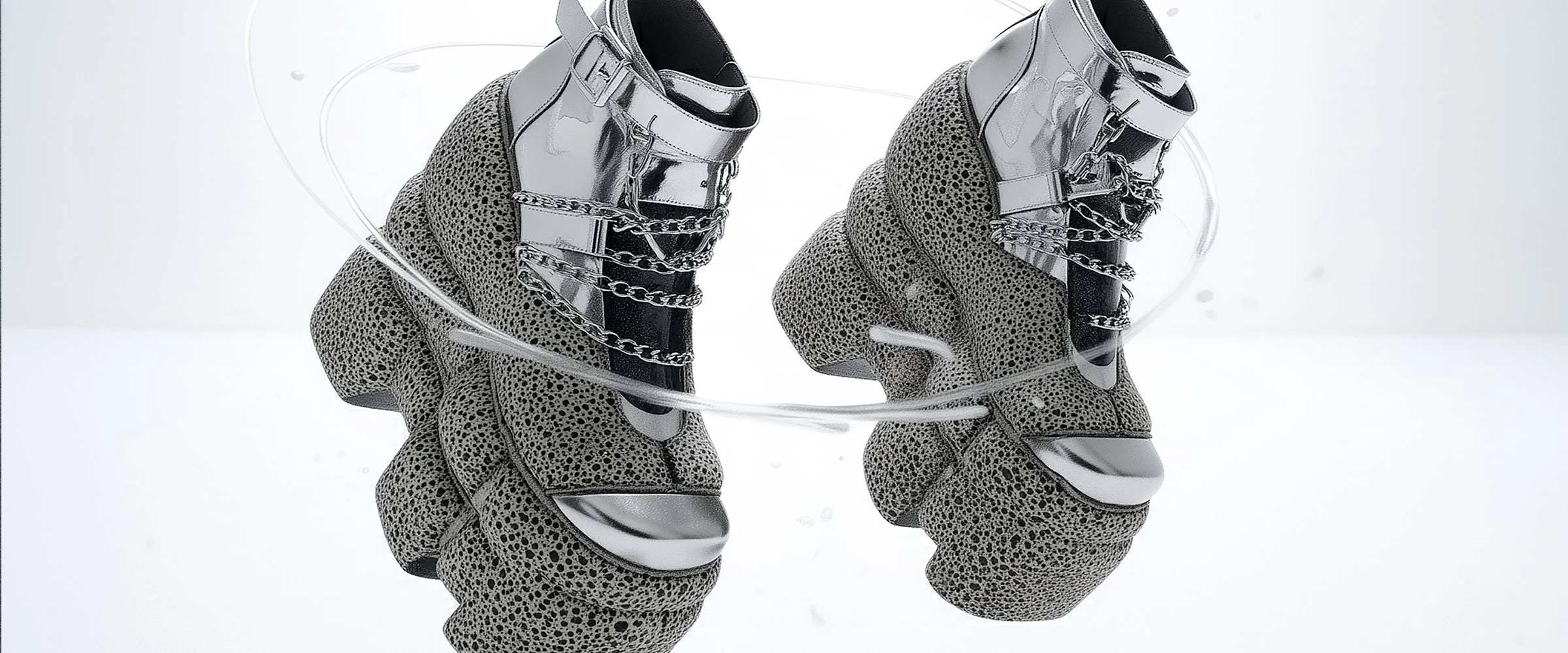 A pair of avant-garde otherworldly sneakers inspired by the exoplanets of the universe. Released as part of the [Offworld] collection by digital fashion brand [ze Luna].