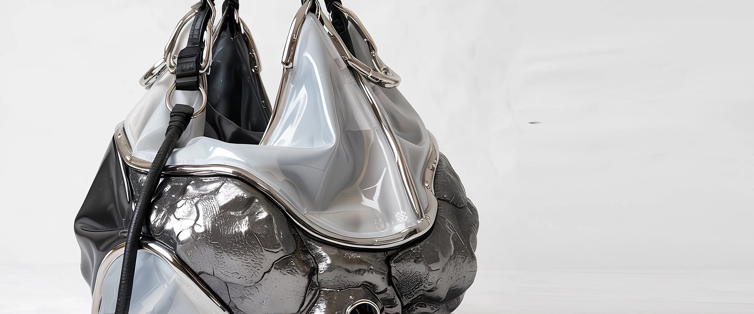 A cover piece for digital fashion brand [ze Luna]'s latest [Offworld] release, featuring a fashion piece with avant-garde aesthetics and otherworldly vibes.