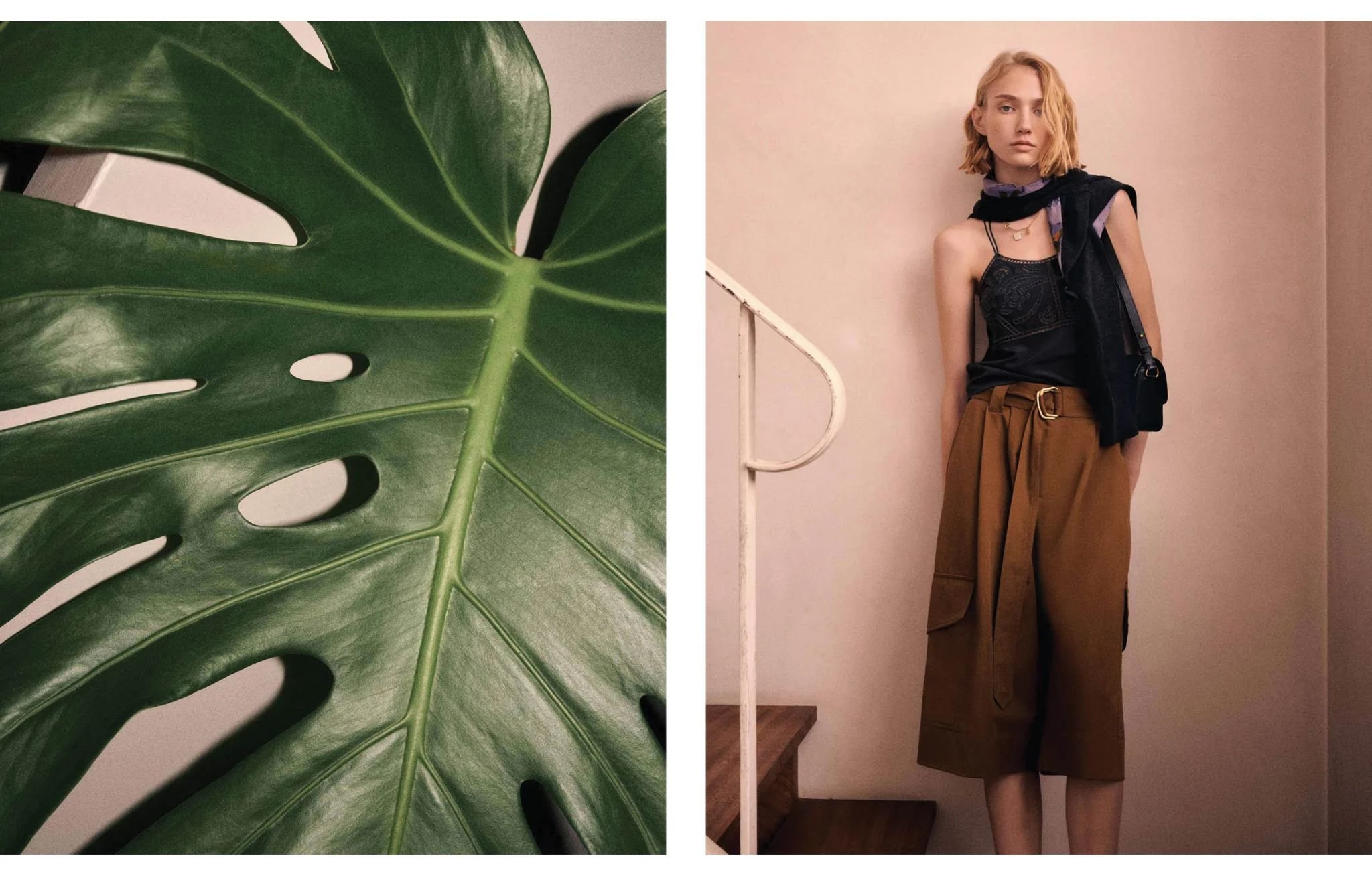 A split image showing a close-up of a large green monstera leaf on the left, and a young woman with shoulder-length blonde hair and a serious expression, wearing a black sleeveless top, brown wide-leg pants, and layered necklaces, standing against a beige wall with a staircase railing on the left.