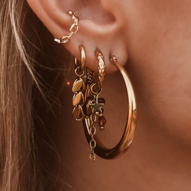 Close-up of a person's ear with multiple gold earrings, including a hoop, a chain, a star charm, and other small decorative hoops.