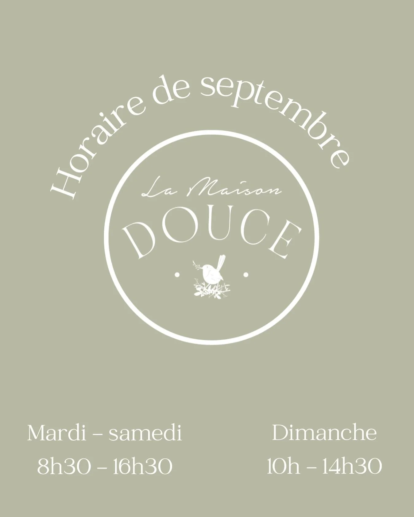 ☀️ Pour prolonger encore un peu les vacances...
Nous gardons notre horaire d&rsquo;&eacute;t&eacute; tout le mois de septembre!

Ouvert du mardi au samedi, de 8h30 &agrave; 16h30. 
De quoi profiter pleinement des belles journ&eacute;es autour d&rsquo