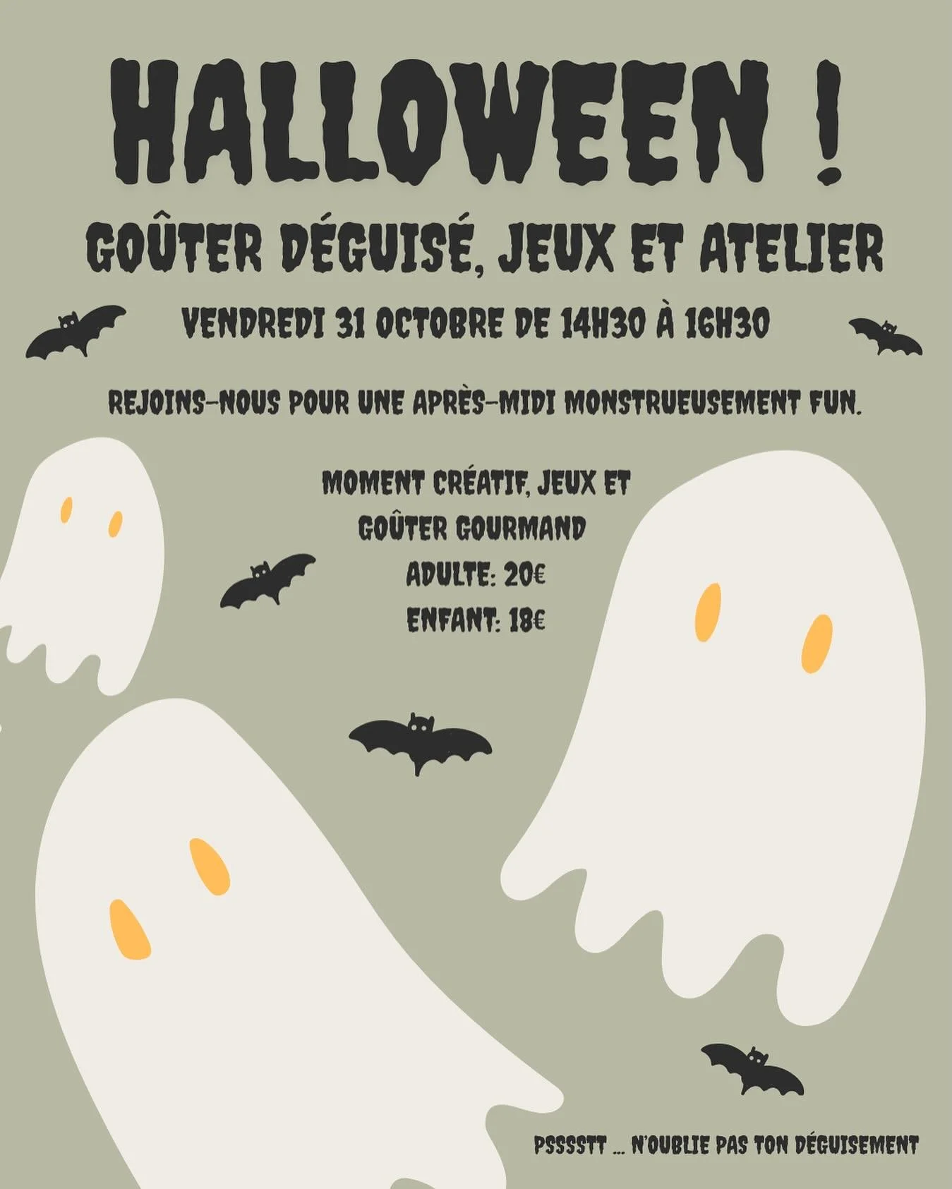 🎃 Go&ucirc;ter d&eacute;guis&eacute; &amp; atelier d&rsquo;Halloween &agrave; La Maison Douce.
Rejoignez-nous pour une apr&egrave;s-midi monstrueusement fun🕸️

⏳Vendredi 31 octobre de 14h30 &agrave; 16h30

Au programme : un moment cr&eacute;atif po