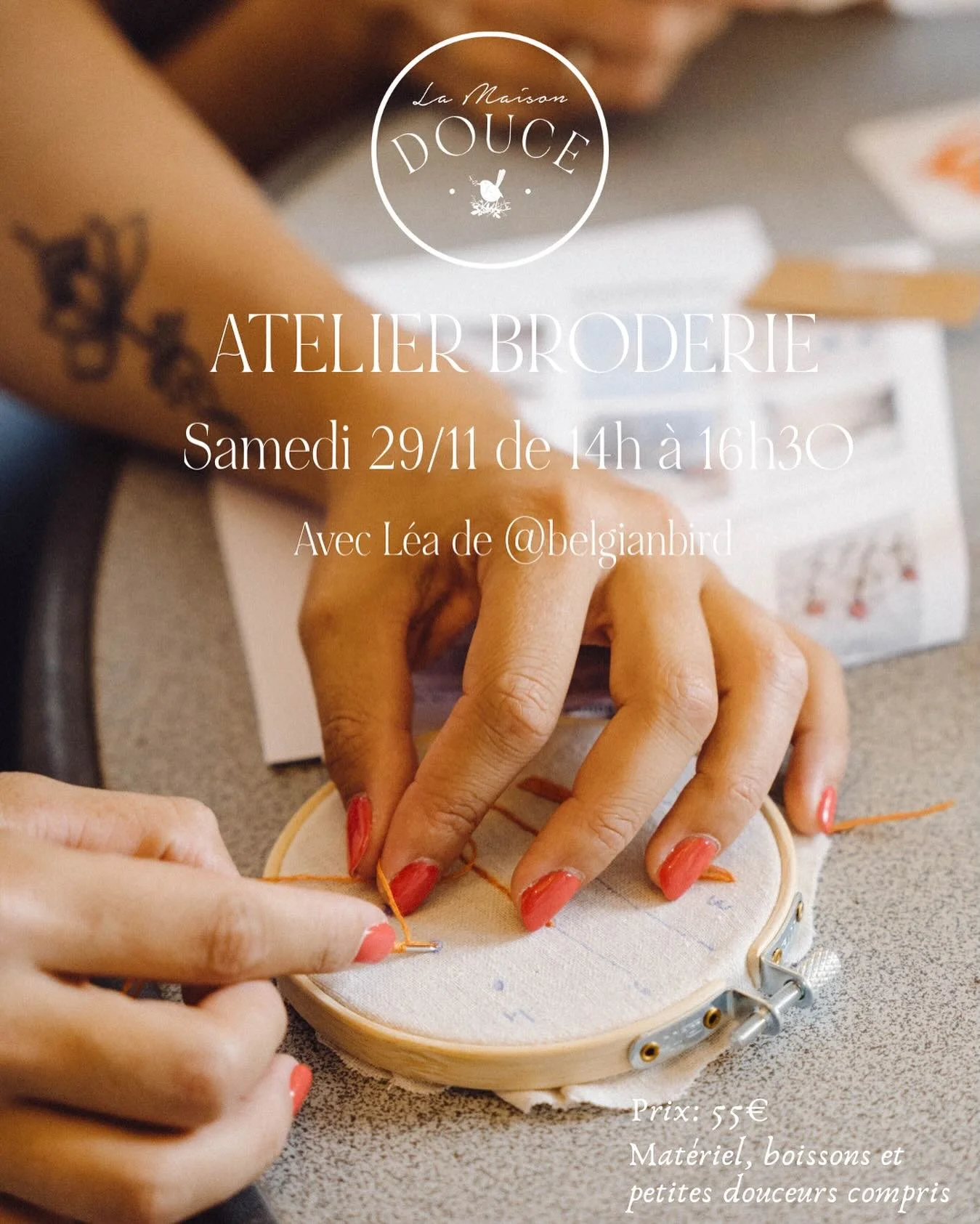 Nouvelle date en novembre&hellip; Atelier broderie 

Rejoins-nous pour un moment cr&eacute;atif et convivial avec L&eacute;a de @belgianbird. 

Tu apprendras &agrave; personnaliser ton totebag en brodant &agrave; la main un motif ou un message qui te