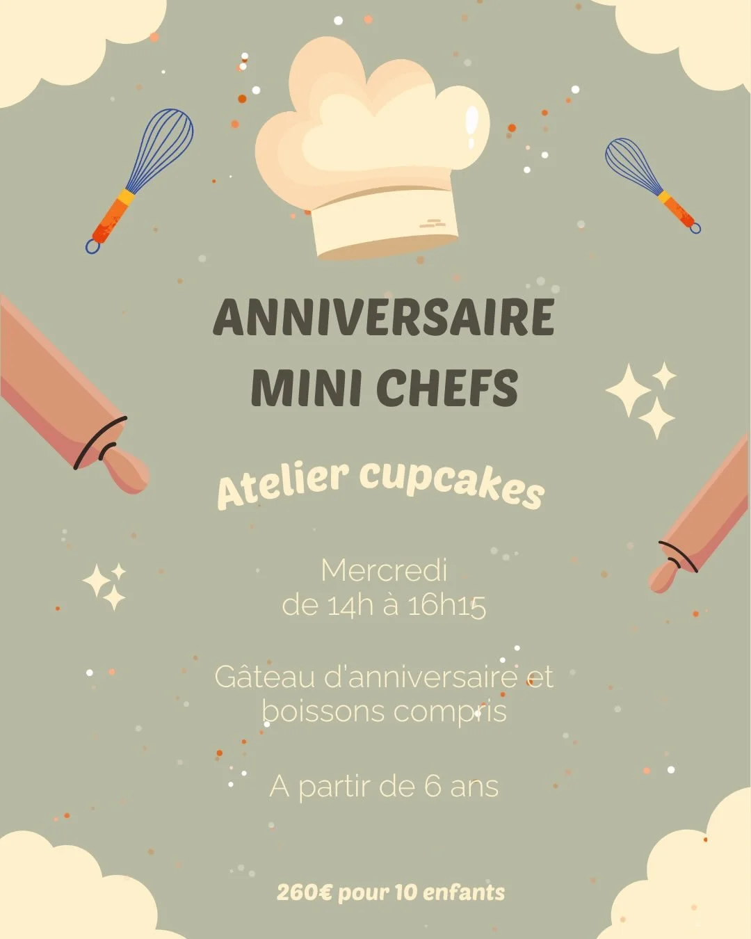 Et si l&rsquo;anniversaire de votre enfant devenait une exp&eacute;rience gourmande et inoubliable ?

Pendant 2 heures, les enfants se transforment en v&eacute;ritables mini chefs p&acirc;tissiers !

Au programme : r&eacute;alisation de d&eacute;lici