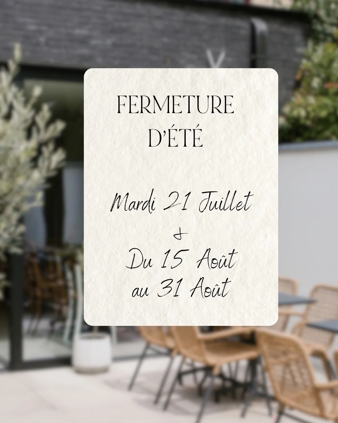 ☀️ Fermetures estivales ☀️

Chers clients,

Nous vous informons que La Maison Douce sera ferm&eacute;e :

* Le mardi 21juillet 
* Du 15 ao&ucirc;t au 31 ao&ucirc;t inclus.