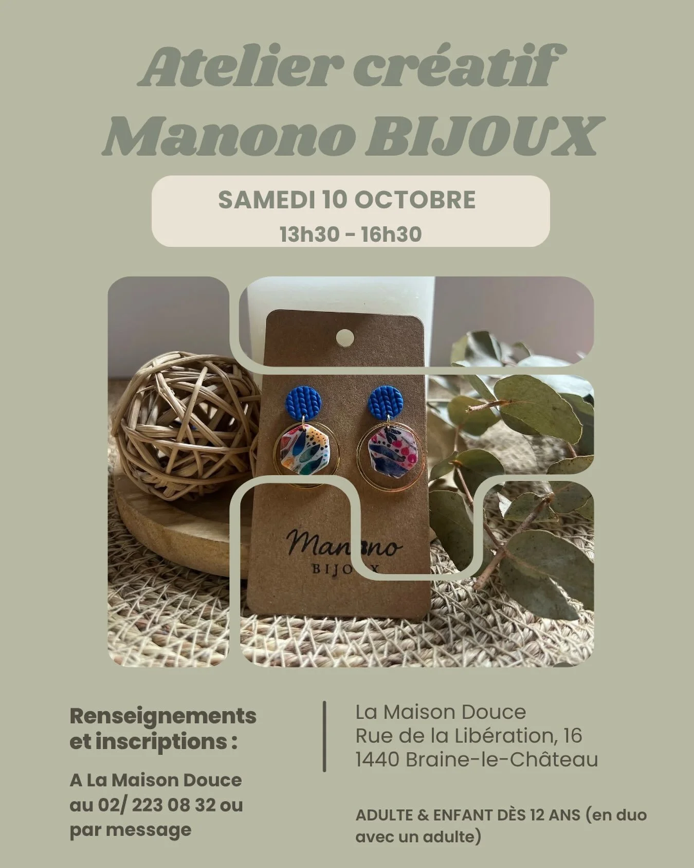 Envie de prendre le temps de cr&eacute;er, de vous faire plaisir et de passer un joli moment ?

Marie de Manono Bijoux vous propose un atelier de 3 heures durant lequel vous apprendrez &agrave; confectionner 2 paires de boucles d&rsquo;oreilles en p&