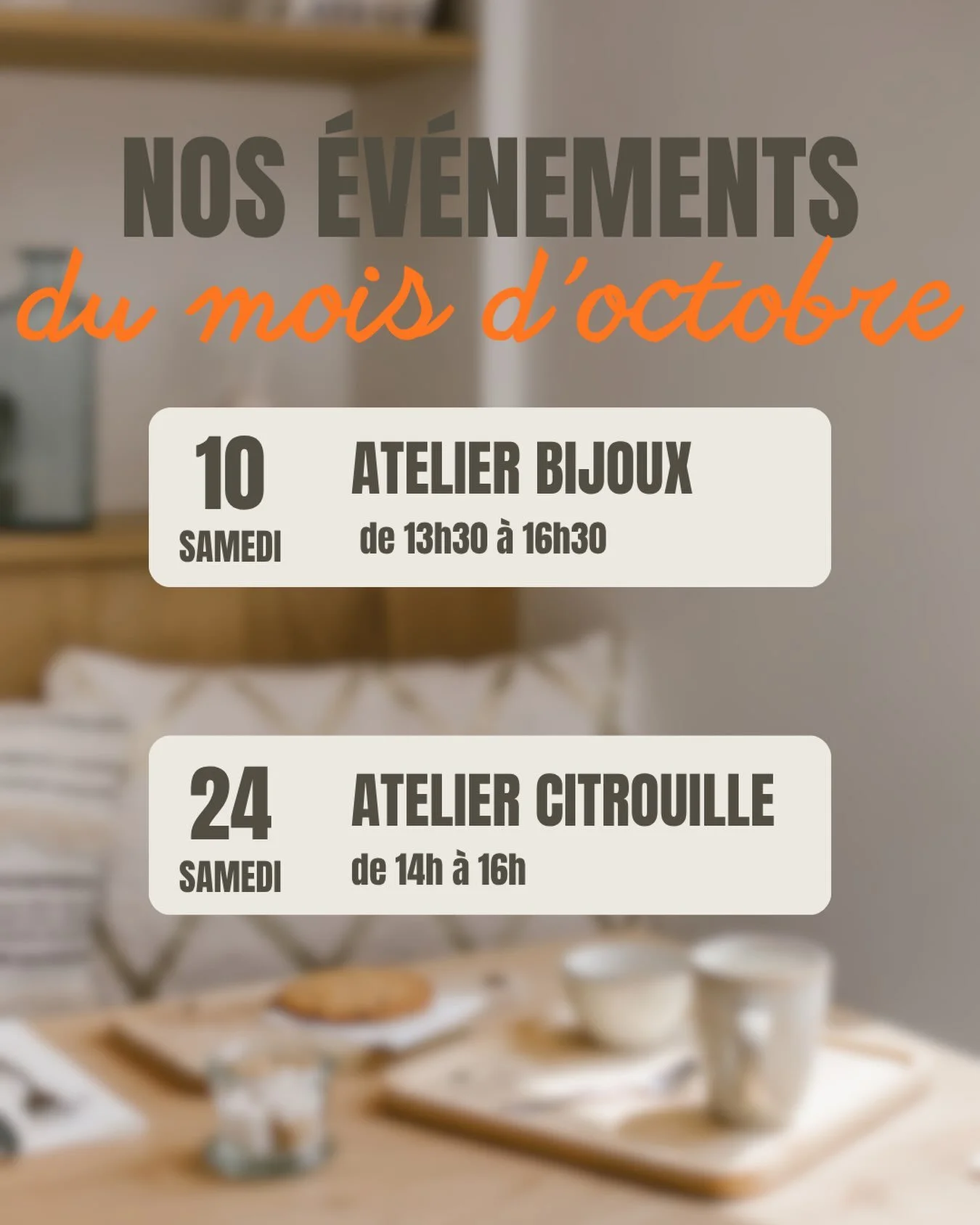 Le mois d&rsquo;octobre est plac&eacute; sous le signe de la d&eacute;tente et de la cr&eacute;ativit&eacute;.

Pour vous offrir une jolie parenth&egrave;se hors du quotidien, nous vous proposons deux ateliers cr&eacute;atifs :

✨ Cr&eacute;ation de 