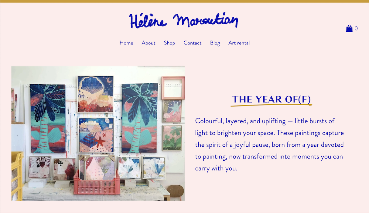 Screenshot of an art website homepage, featuring a display of colorful, layered paintings with trees, clouds, and abstract elements, along with text describing the artwork and artist.
