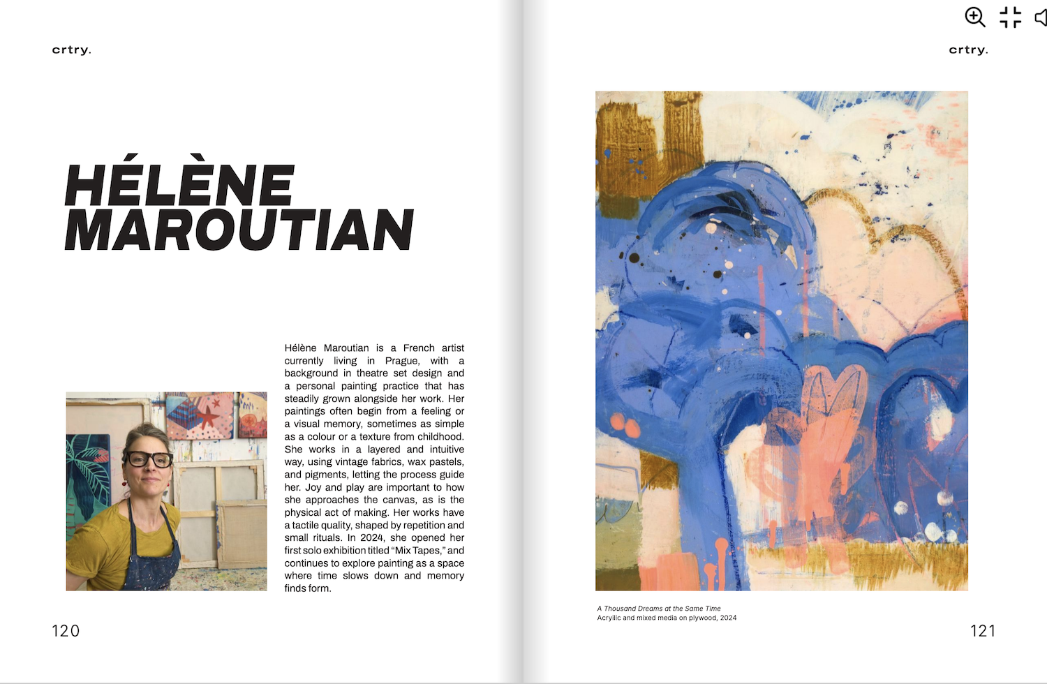 Open art magazine spread featuring artist Hélène Maroutian with her biography and two abstract paintings, one with blue and pink hues, and the other with warm earthy tones.